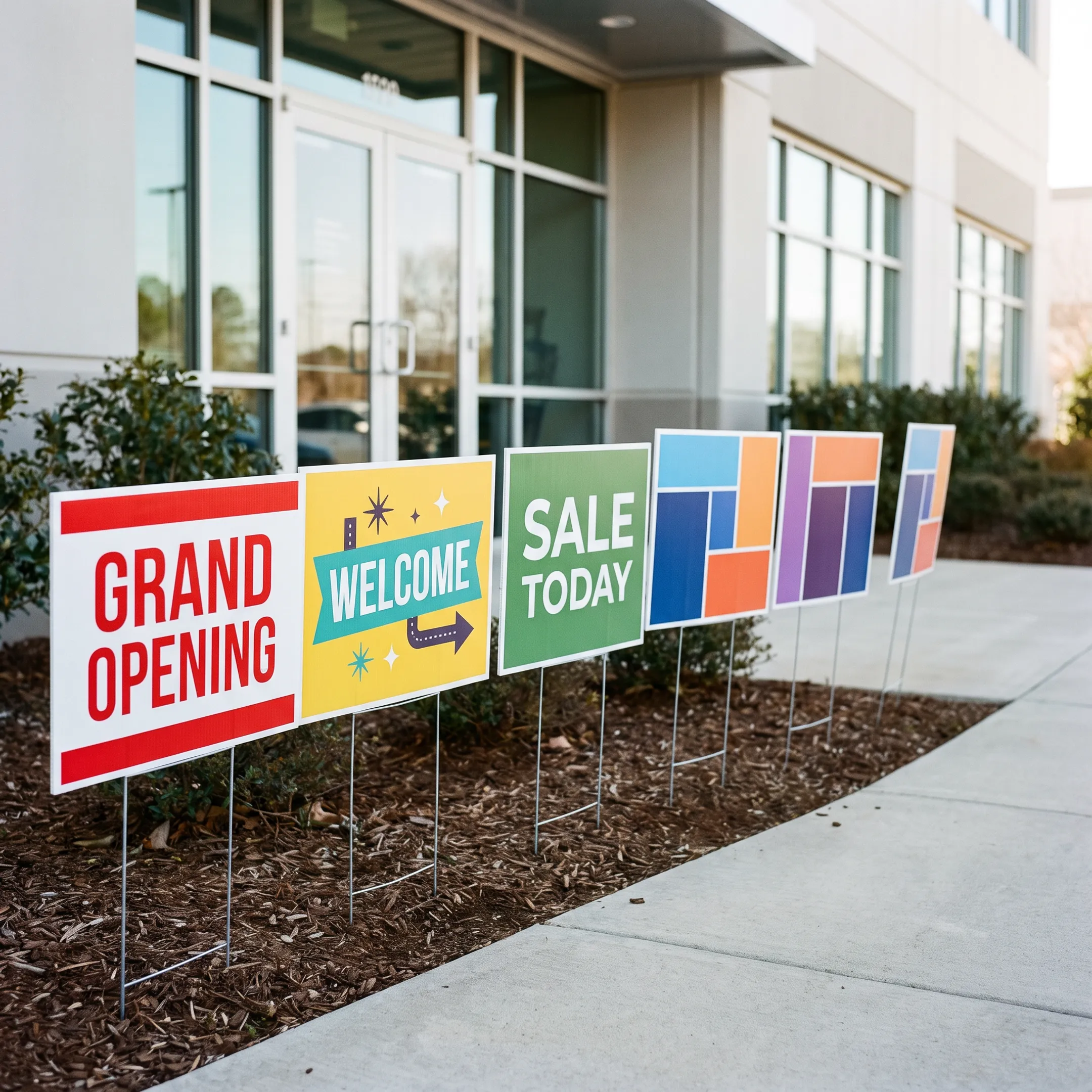Custom yard signs displayed outdoors near a business entrance