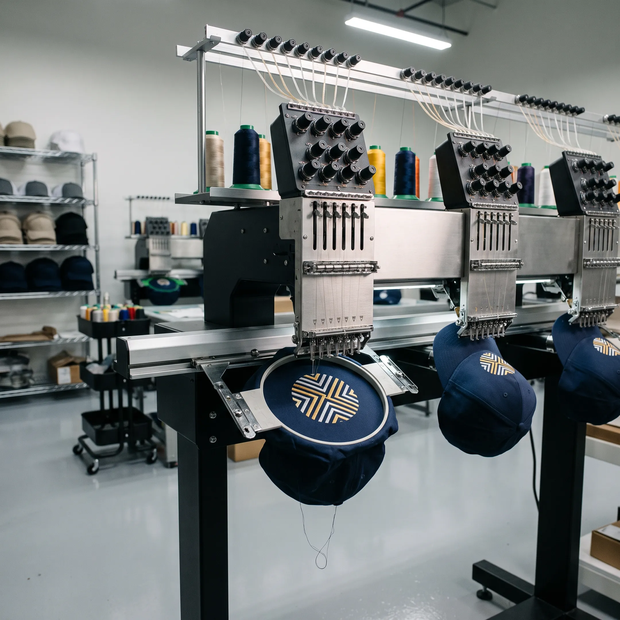 Technician embroidering a logo onto a baseball cap