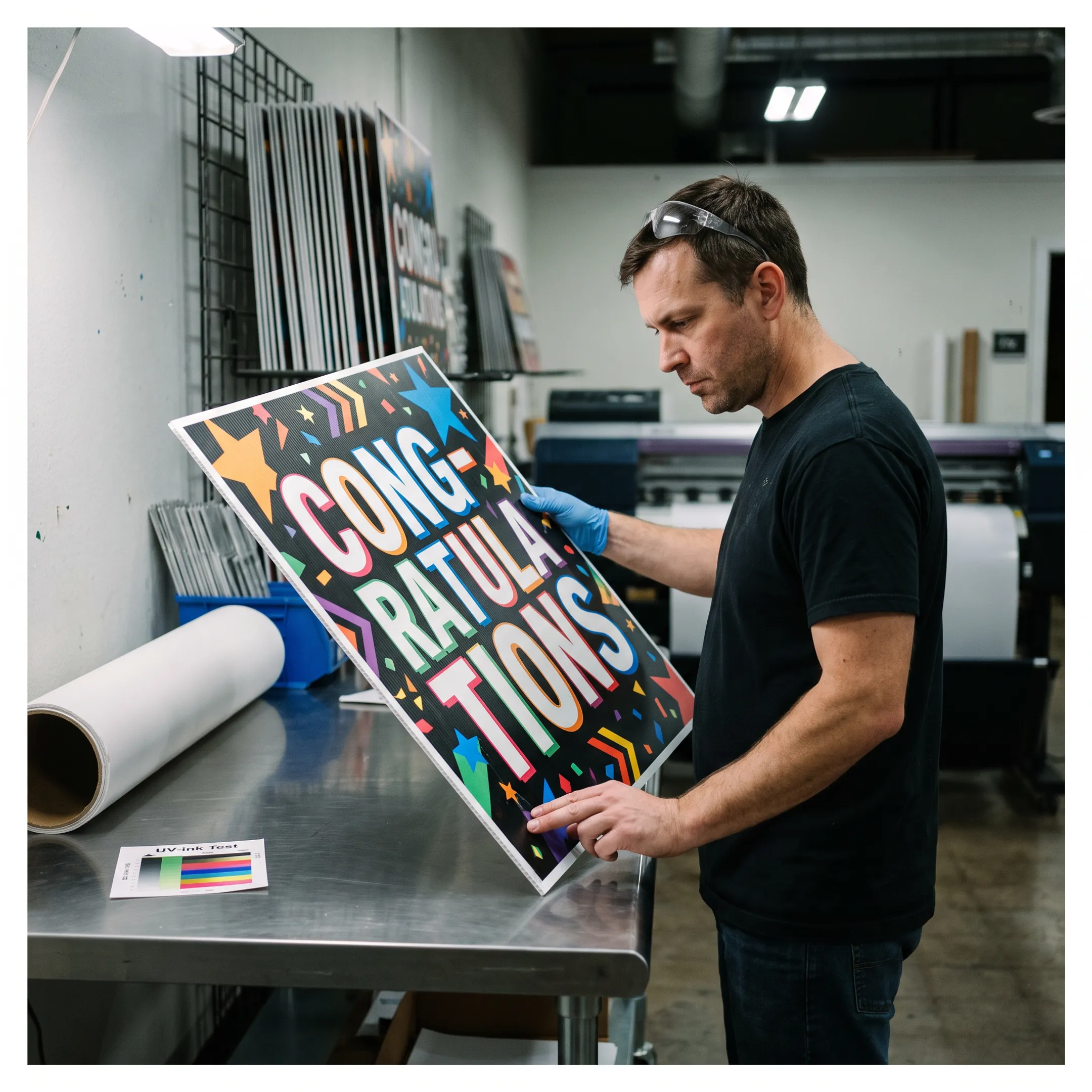 Printed custom yard sign being reviewed before use