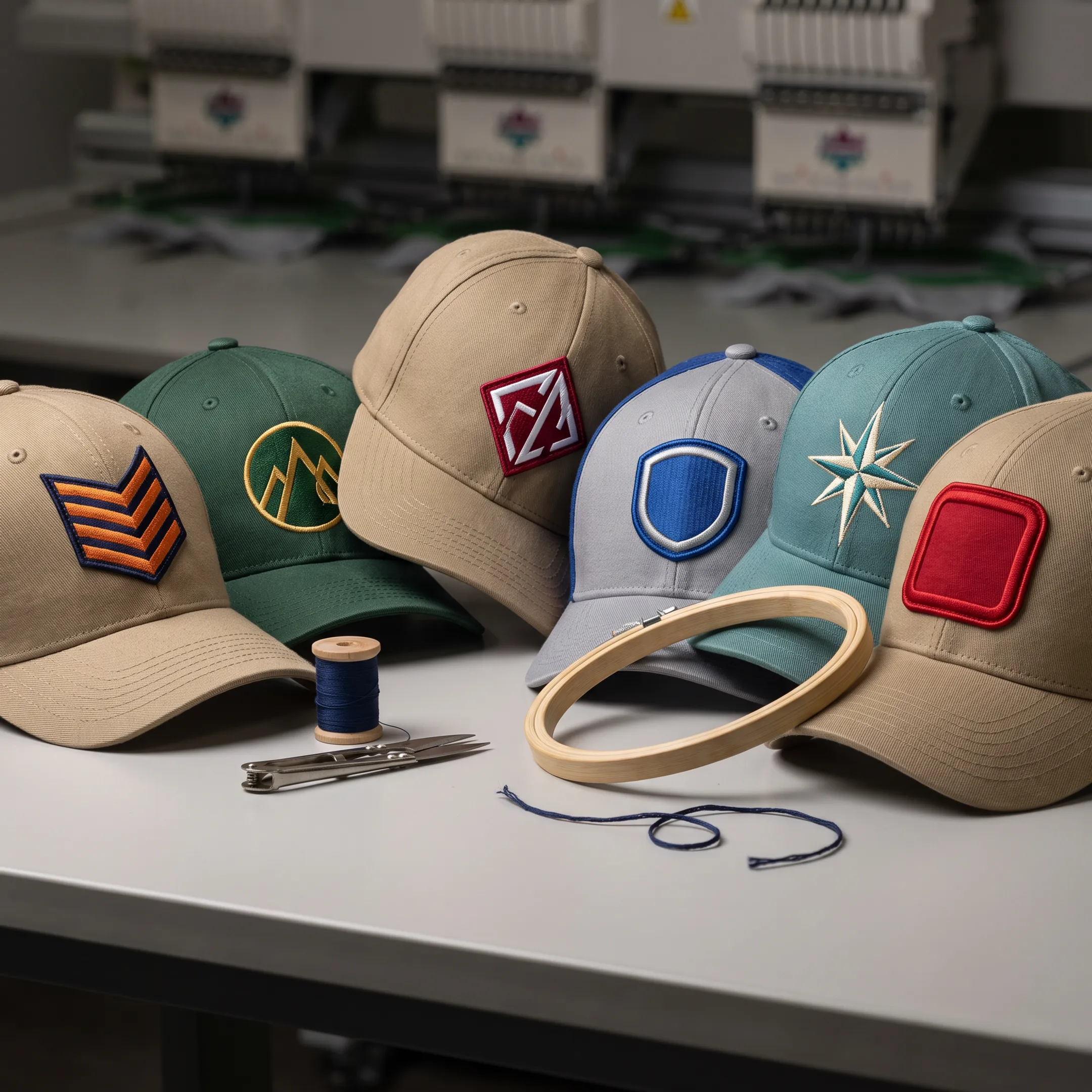 Custom embroidered baseball caps displaying colorful business and team logos