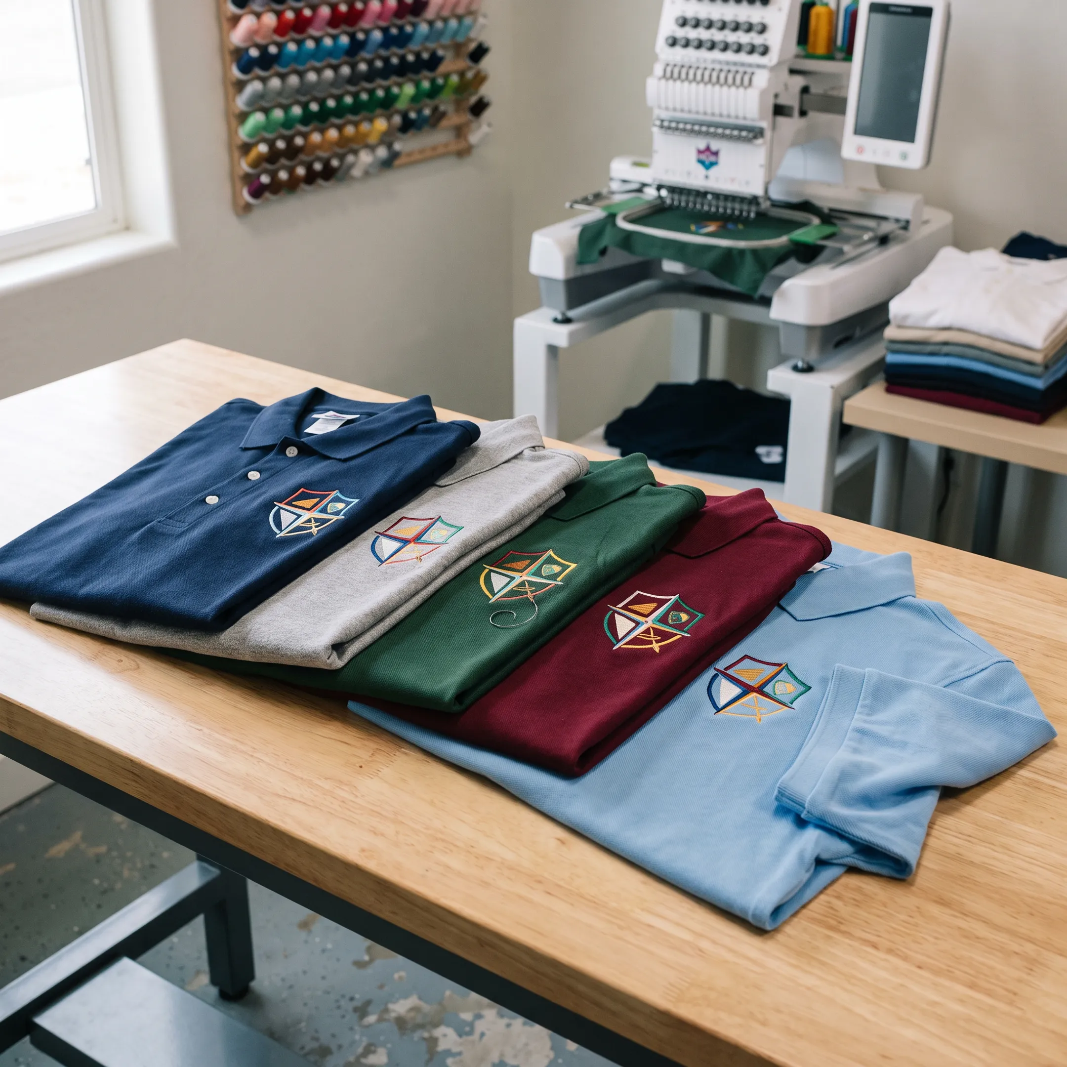 Custom embroidered polo shirts displaying a business logo on a workwear rack