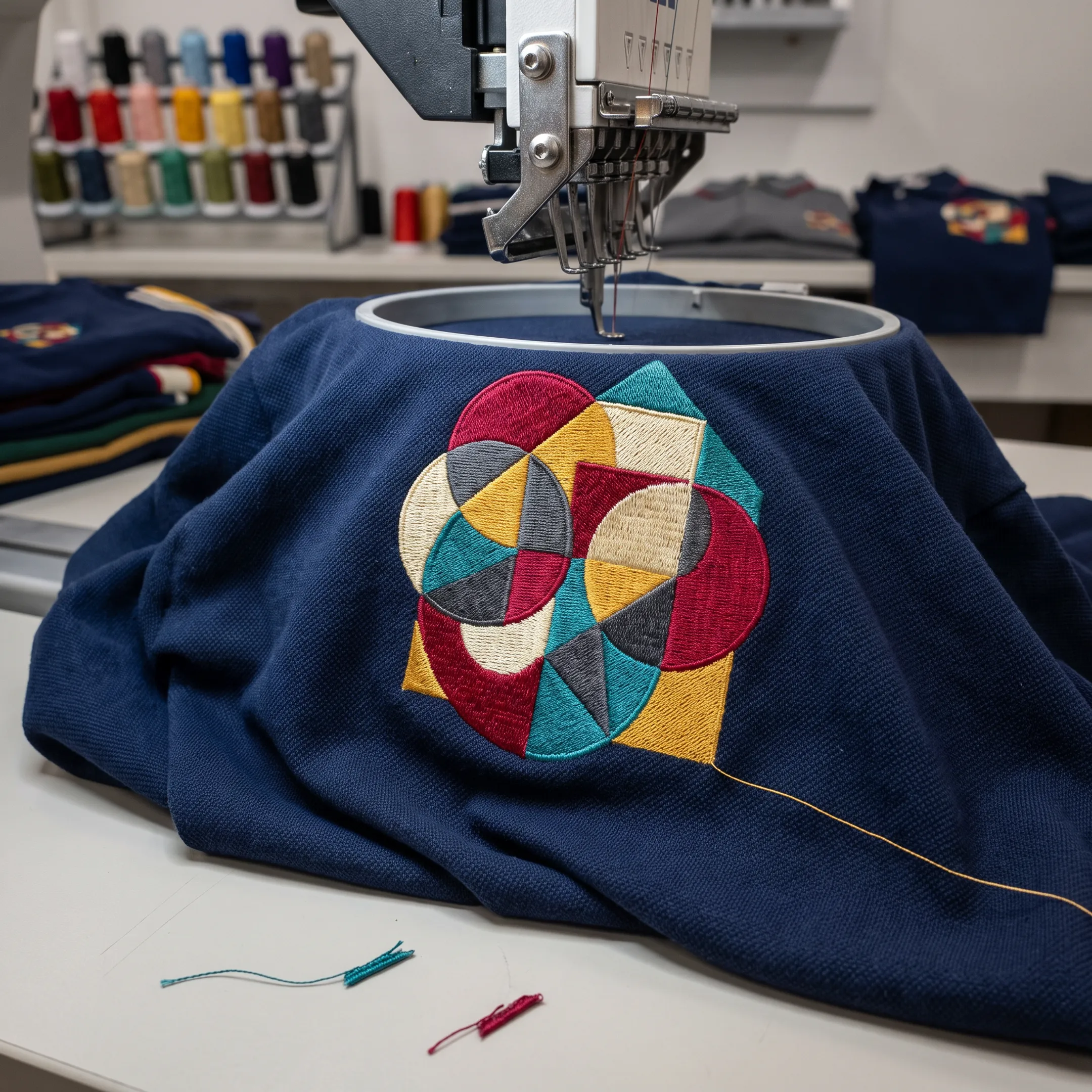 Close-up of a detailed embroidered logo on a custom polo shirt
