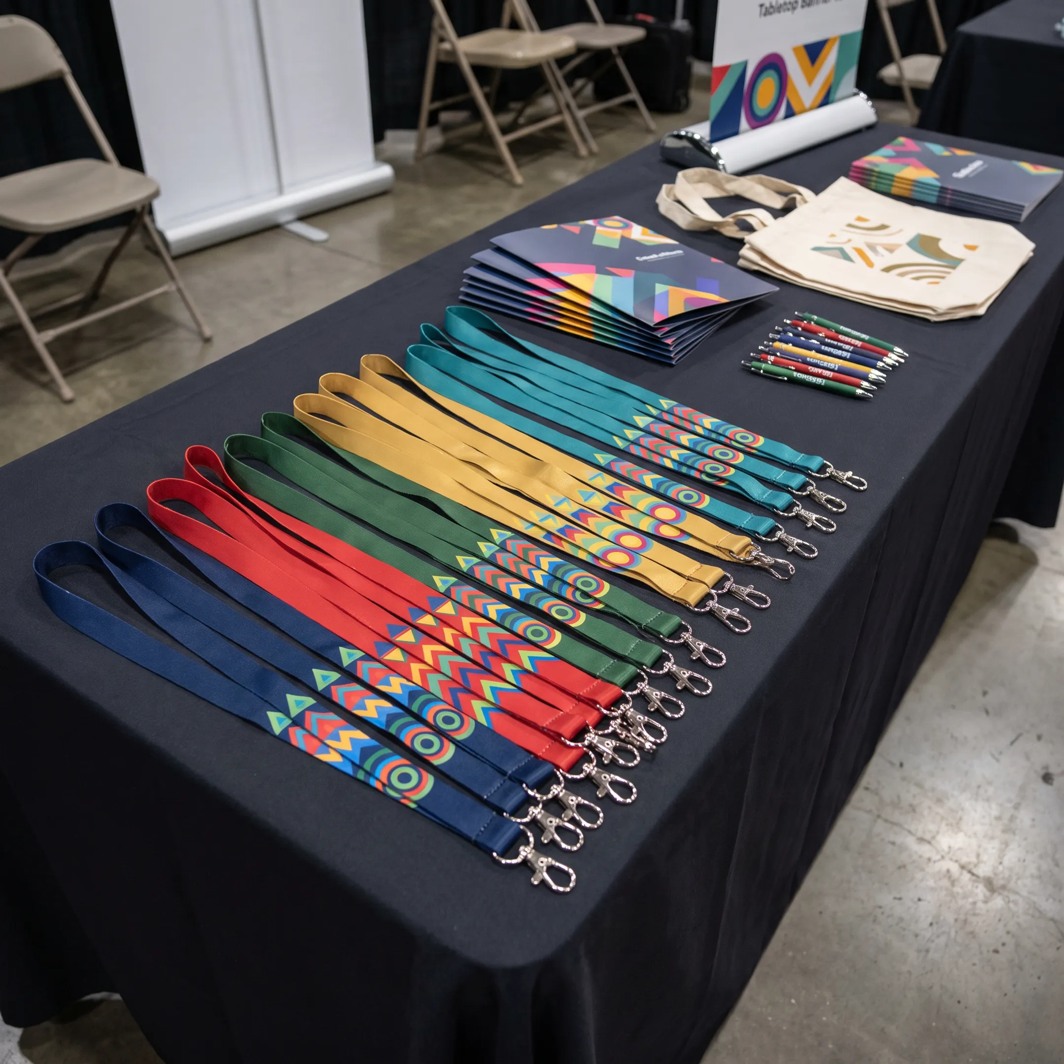 Branded custom printed lanyards arranged beside promotional materials for a business event