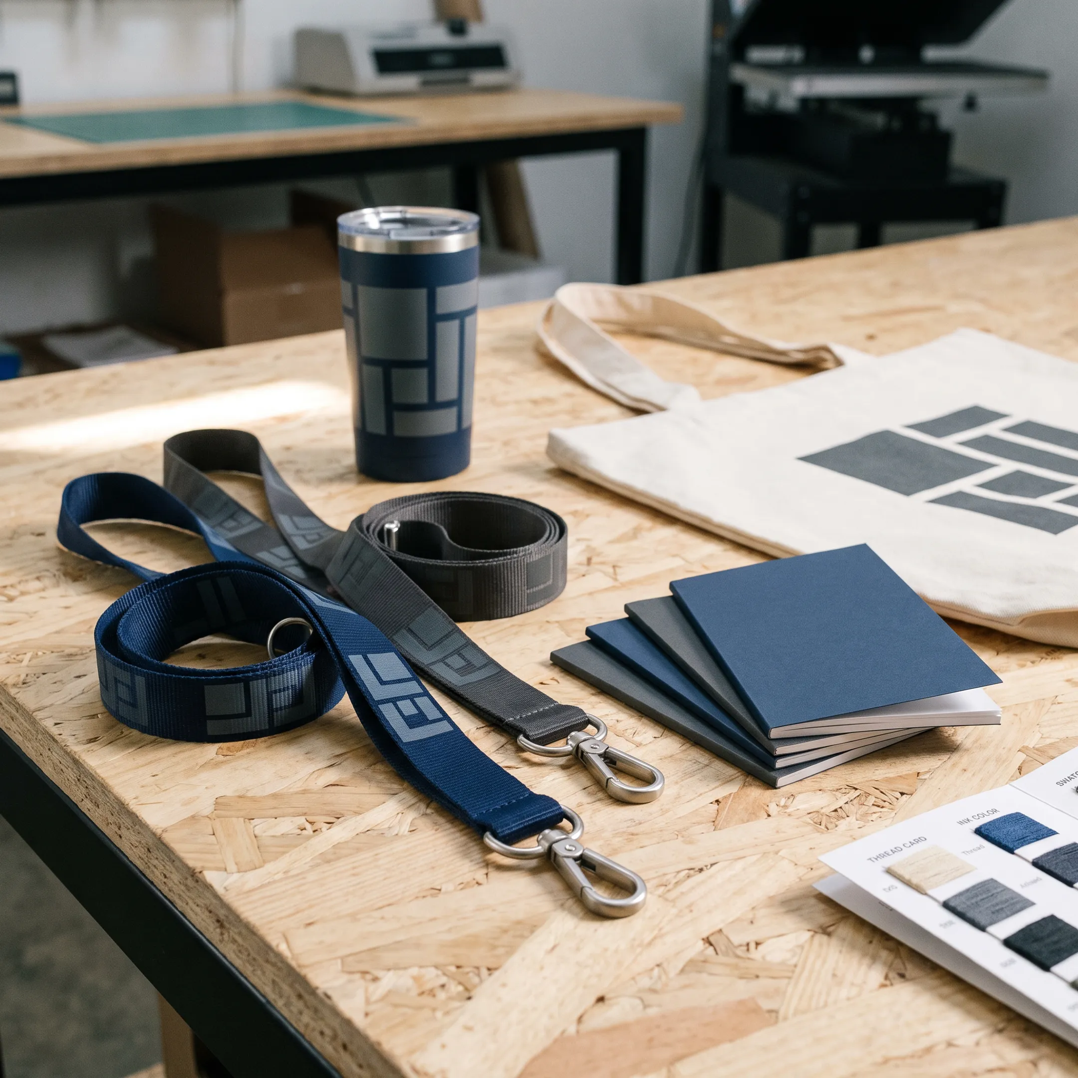 Custom branded lanyards displayed with printed promotional products for an organization