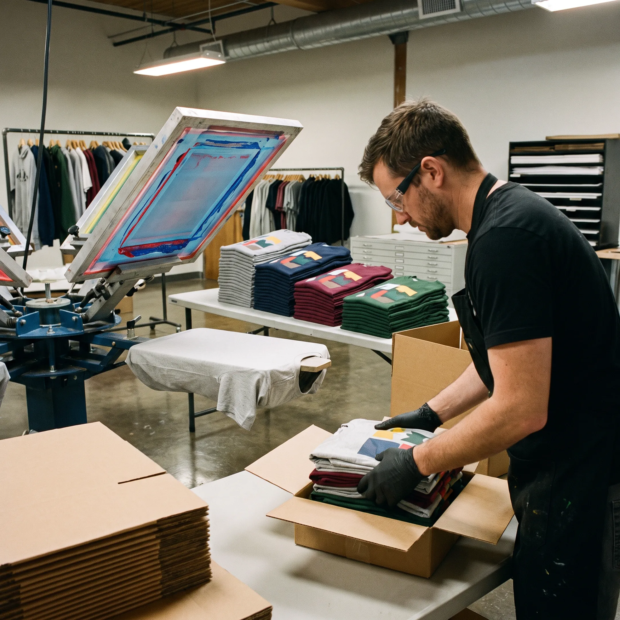 Stacked custom printed t-shirts prepared for a wholesale apparel order