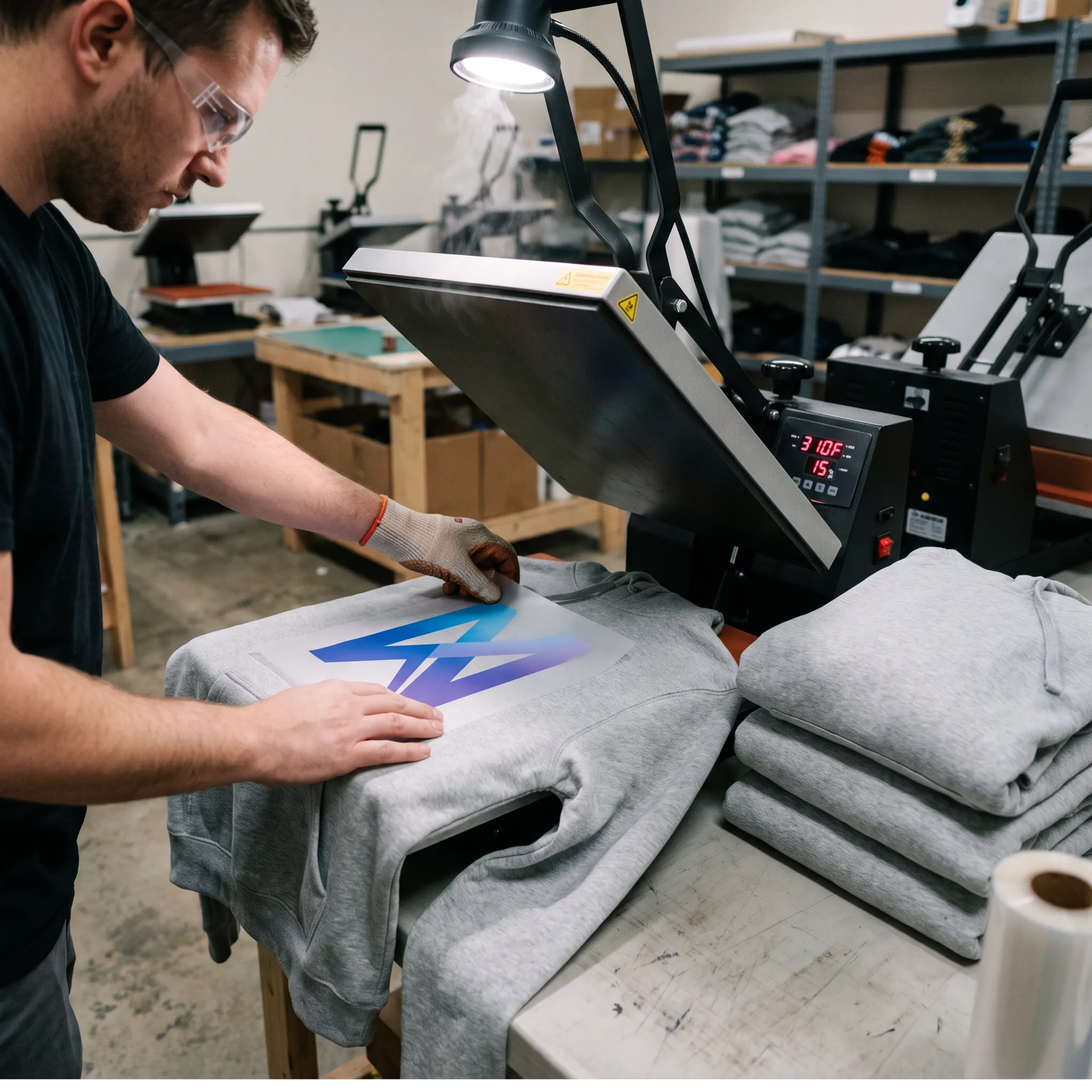 Full-color DTF transfer design being applied to a custom hoodie