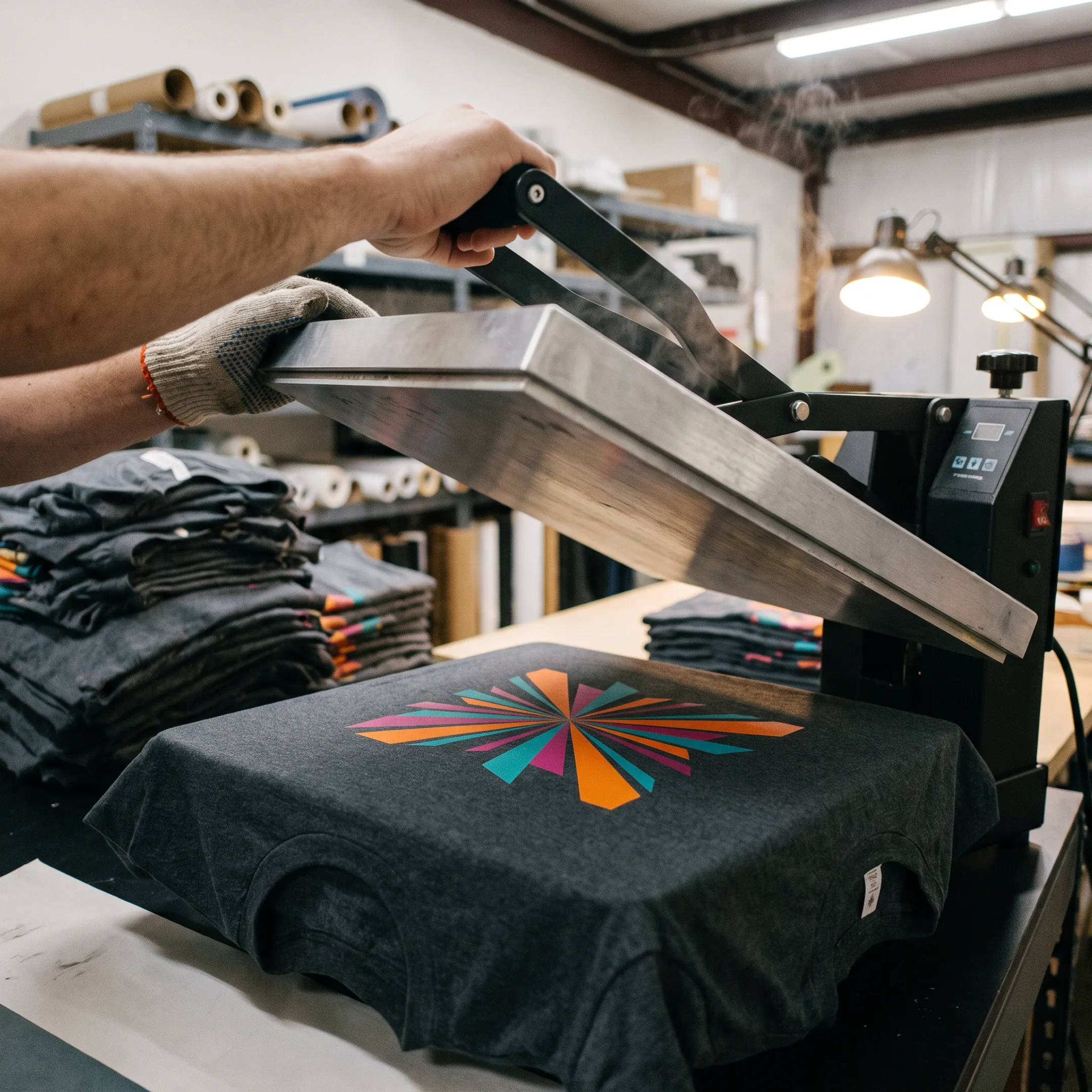 Custom DTF transfers applied to colorful apparel and promotional products