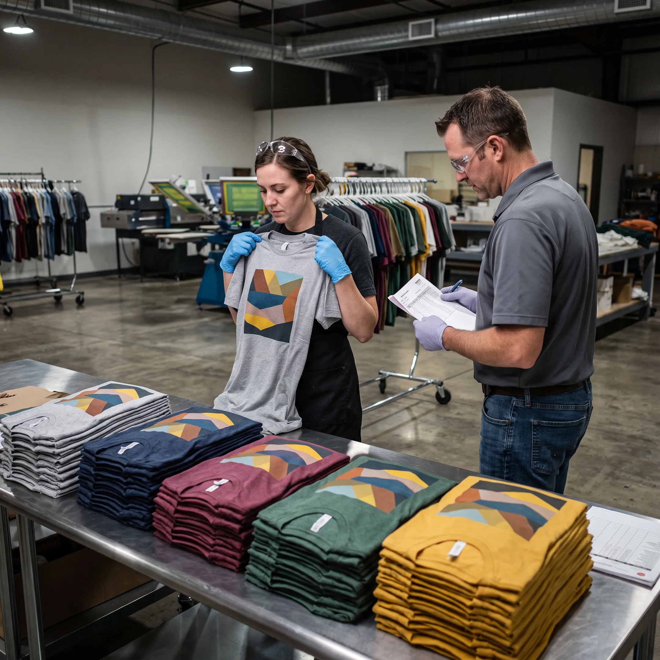 Bulk custom t-shirts arranged with colorful branded designs for a team or event