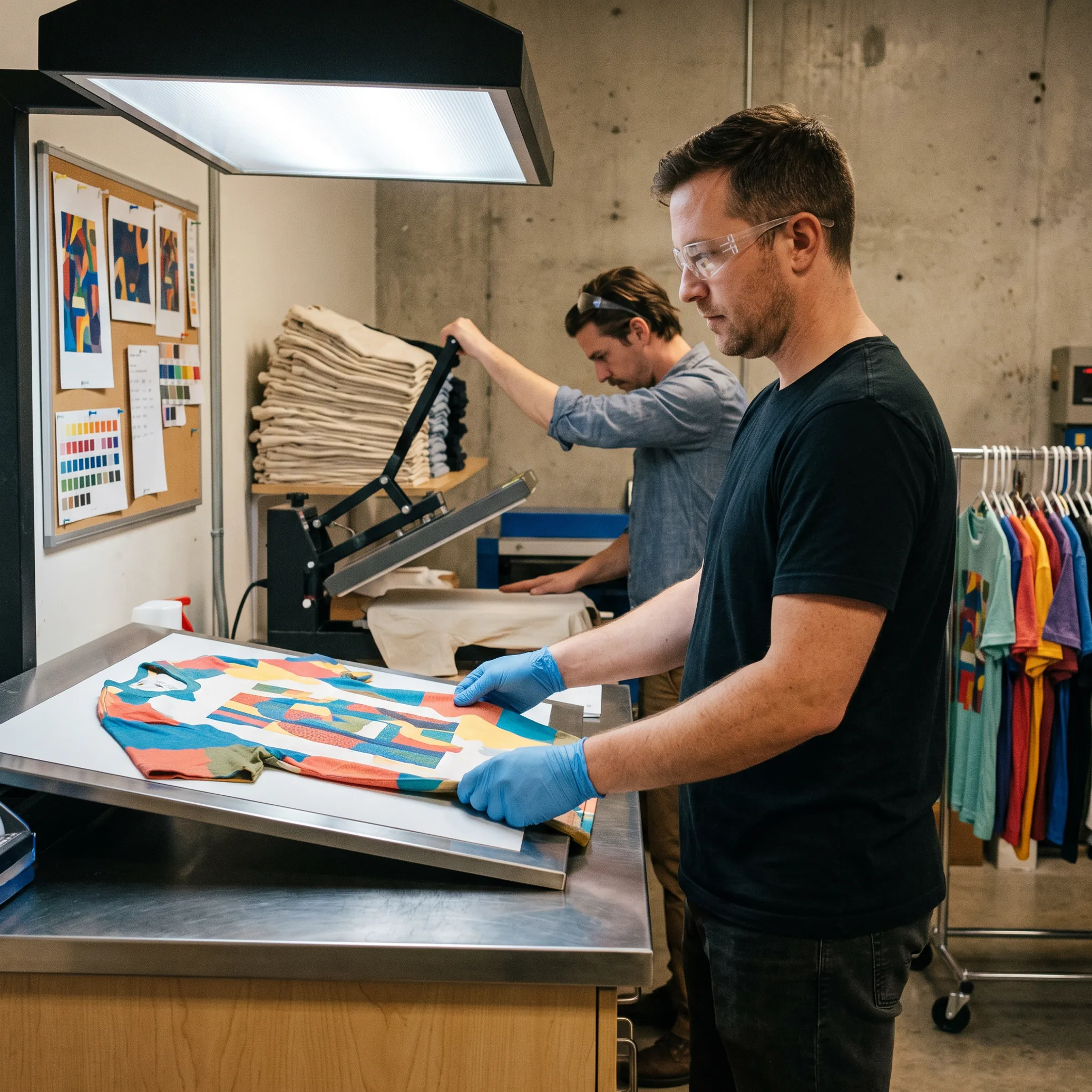 Printer producing detailed custom t-shirts for a bulk apparel order