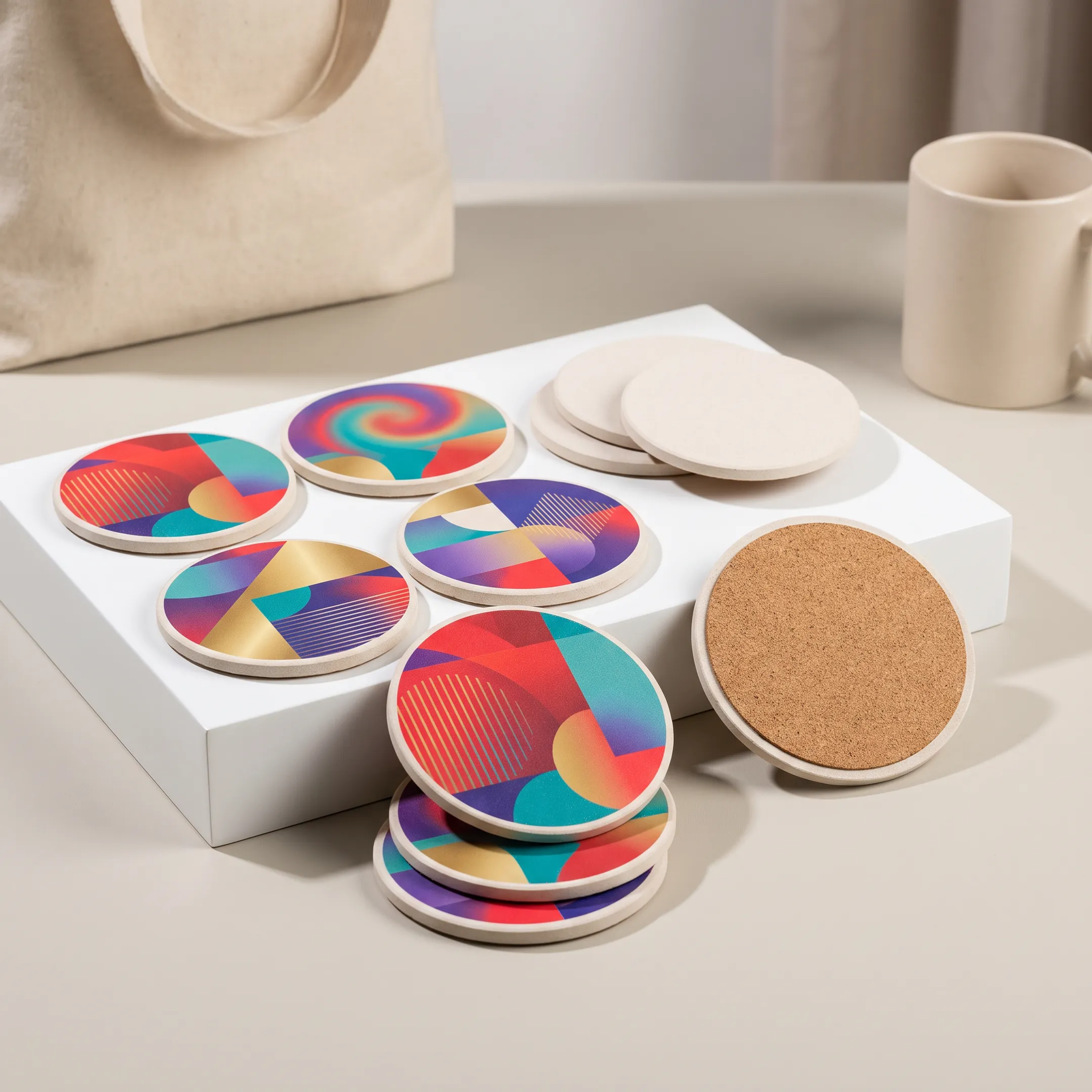 Custom branded coasters featuring business logos arranged on a promotional product display