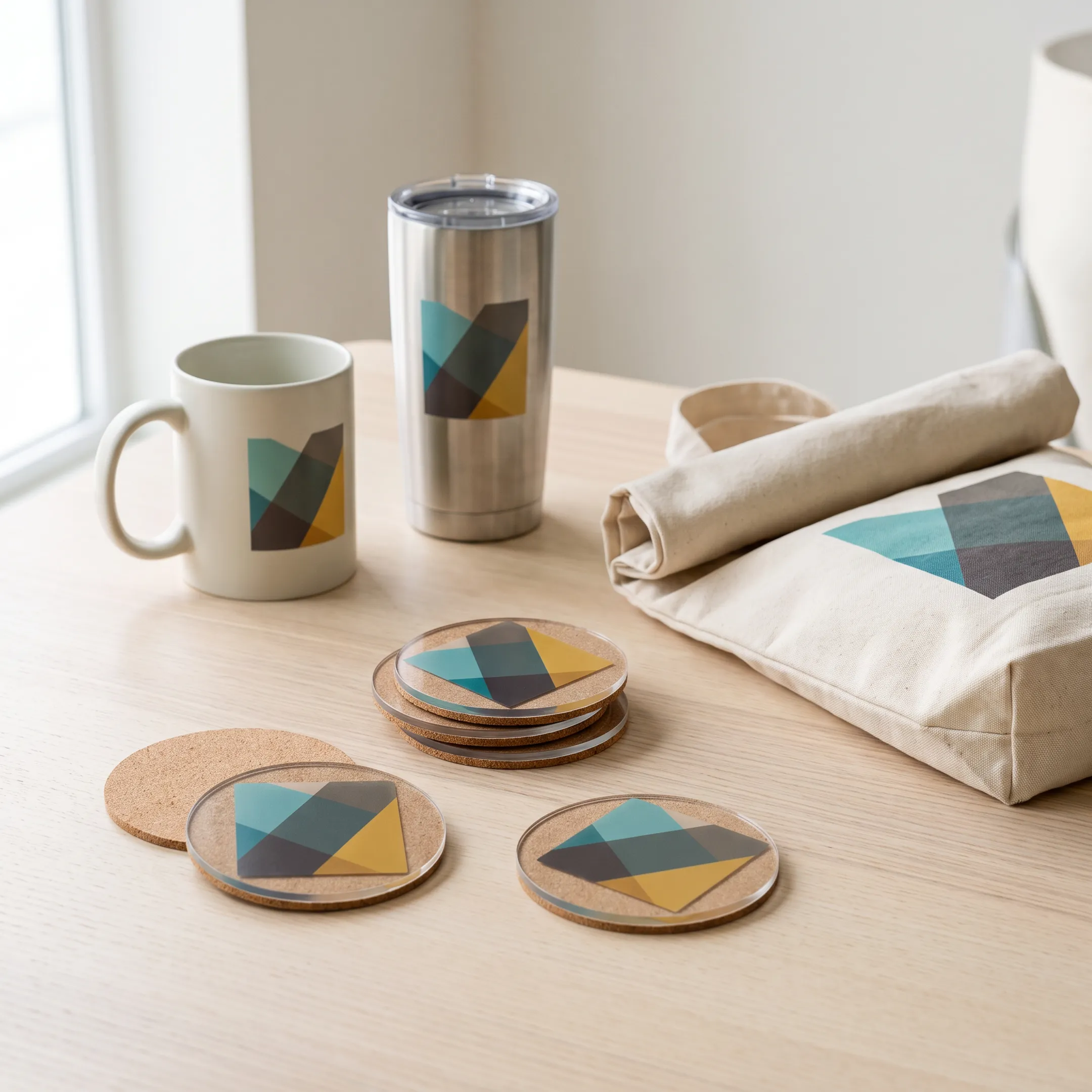 Branded coasters with colorful logos displayed beside promotional merchandise