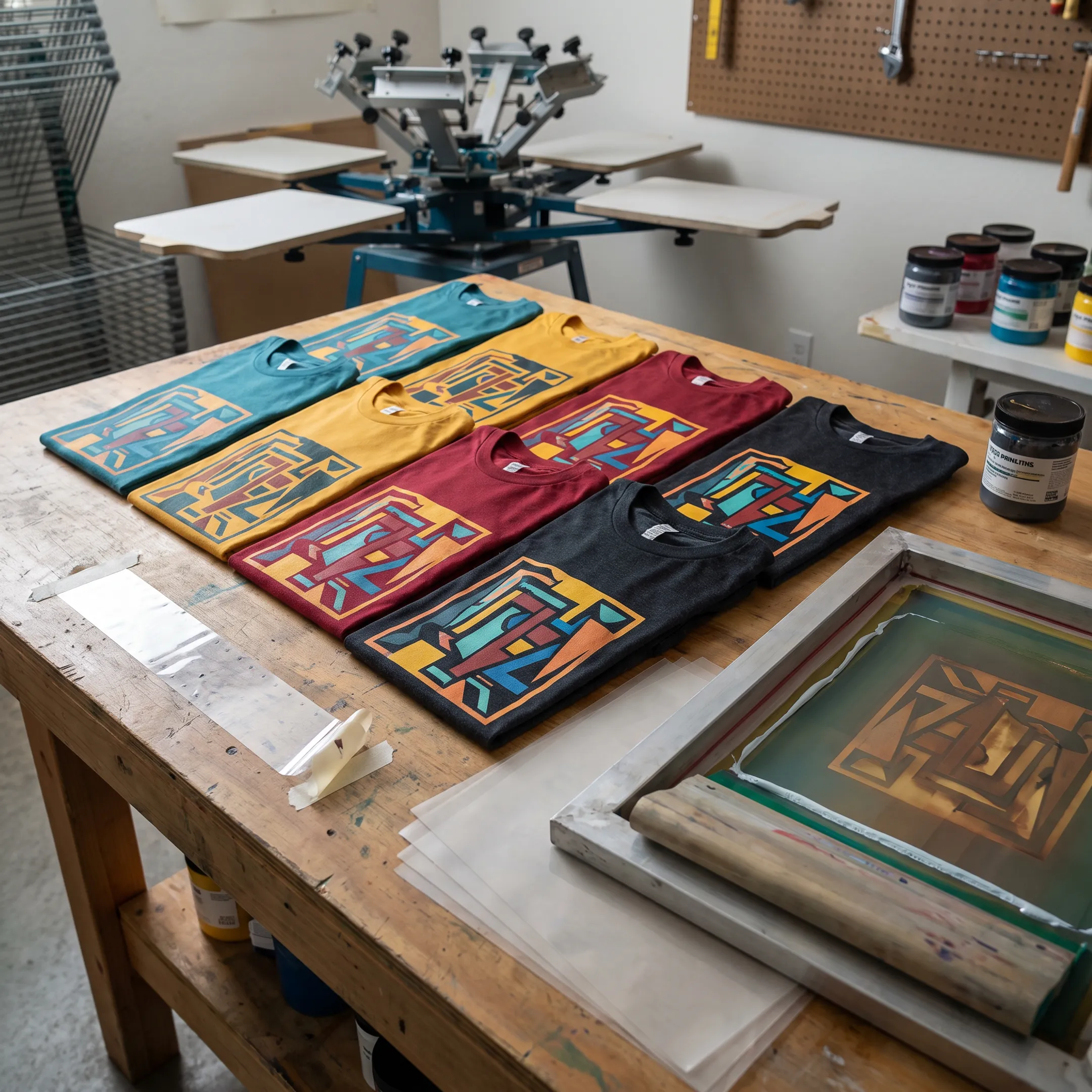 Colorful screen printed shirts arranged for a Salt Lake City organization