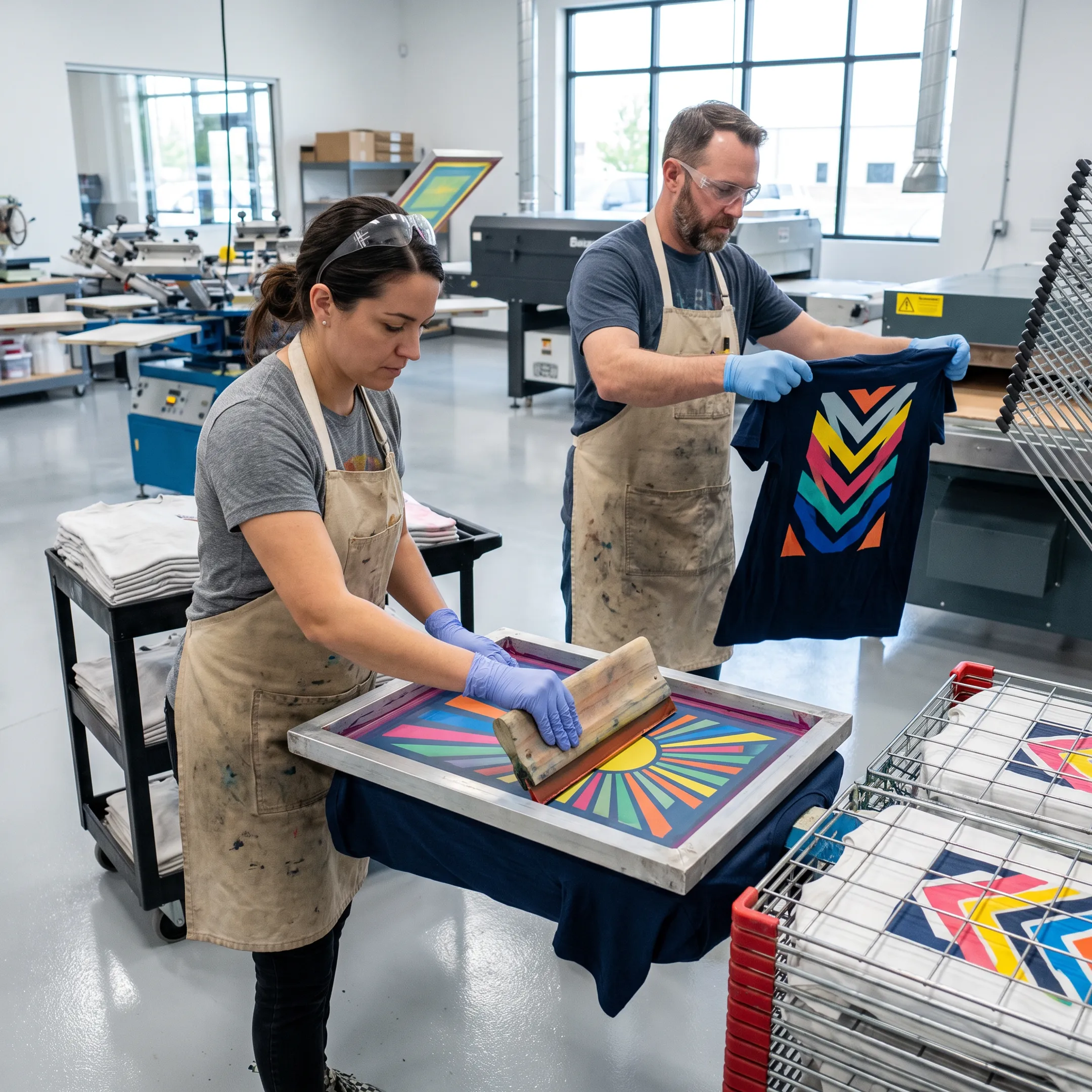 Screen printing team producing colorful custom apparel in a professional Utah print shop