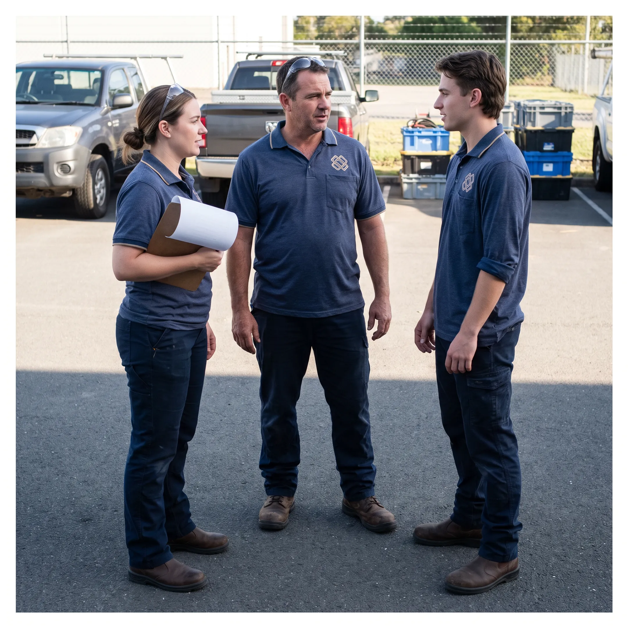 Employees wearing custom embroidered work shirts with company logos
