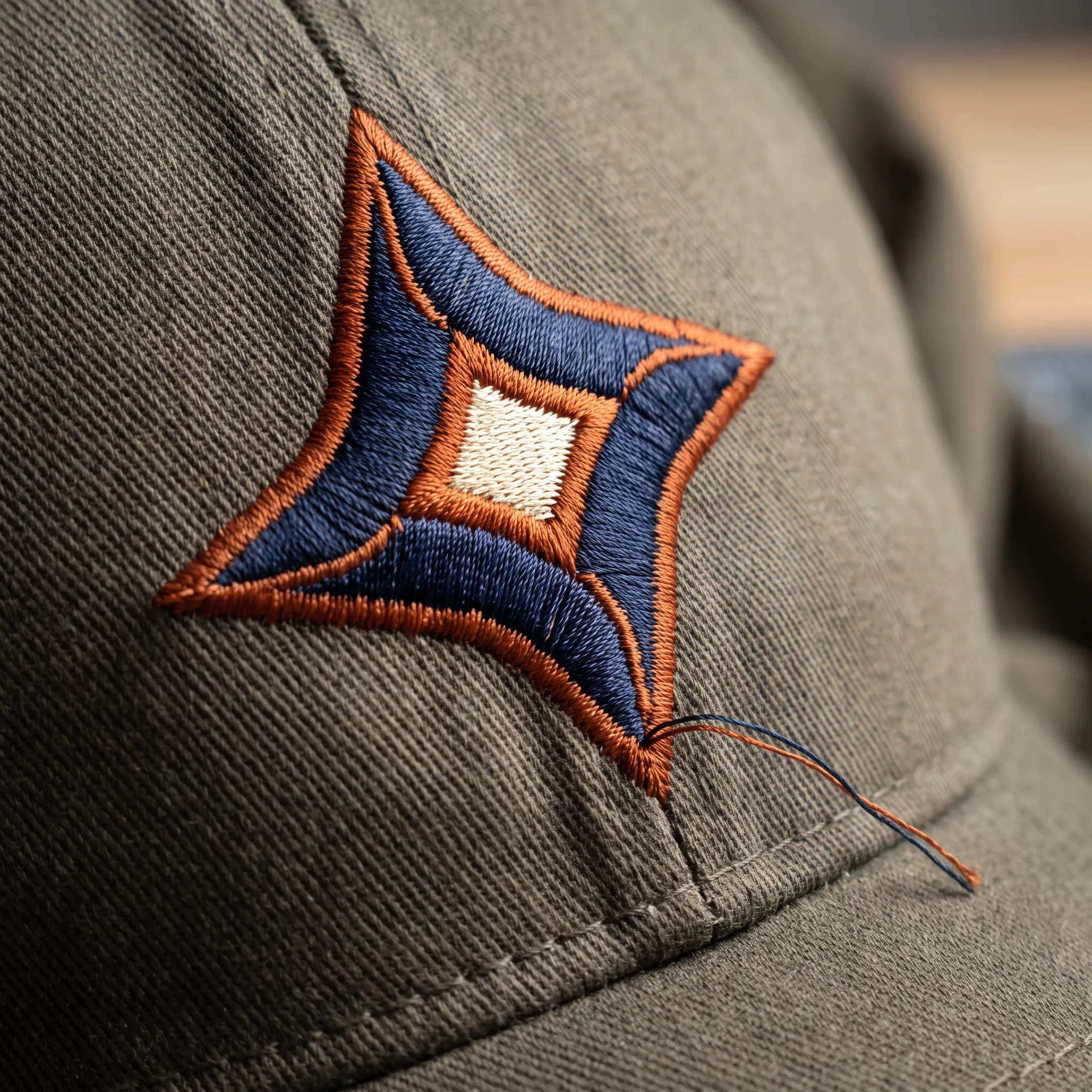 Close-up of an embroidered company logo on a work shirt