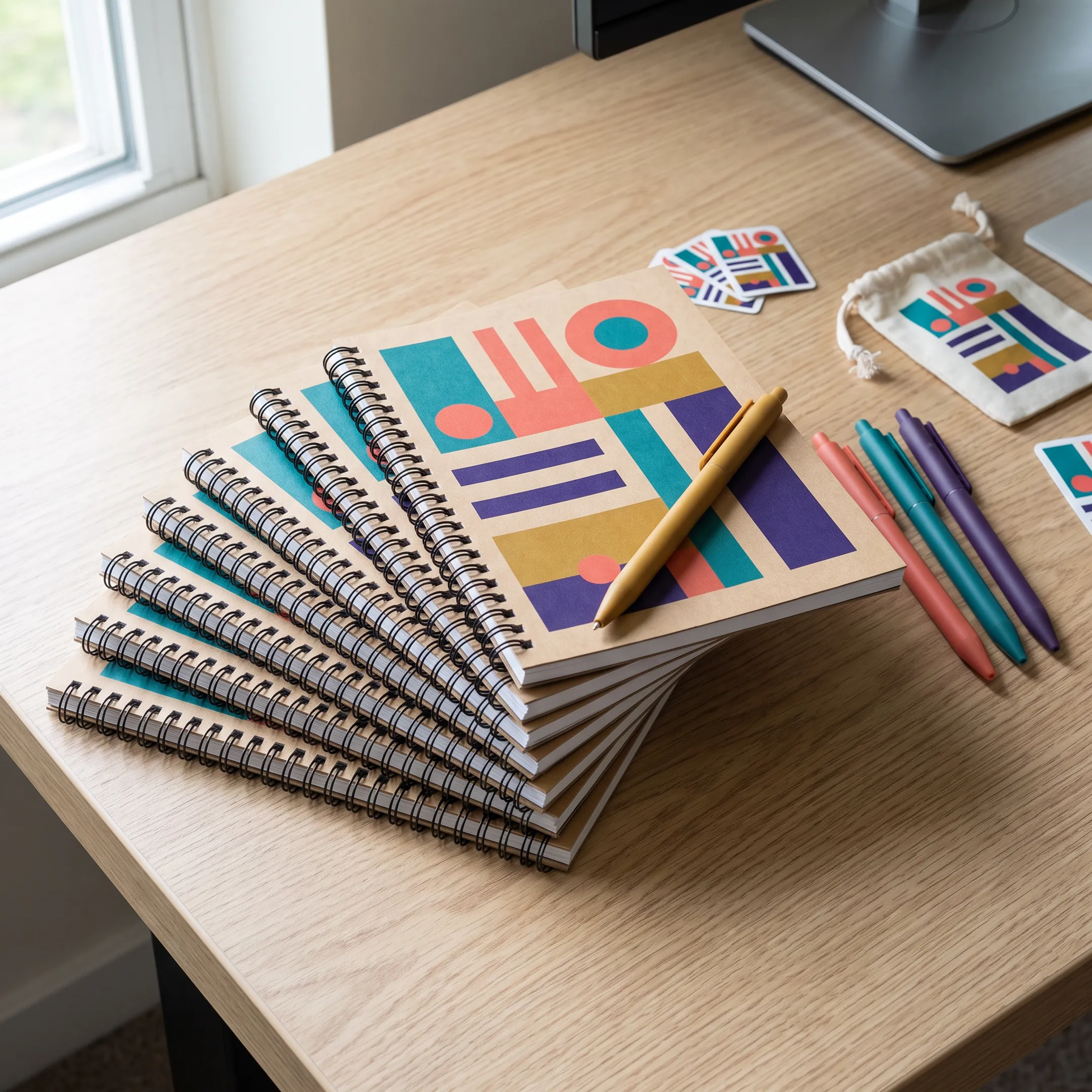 Custom logo notepads arranged on a branded office desk