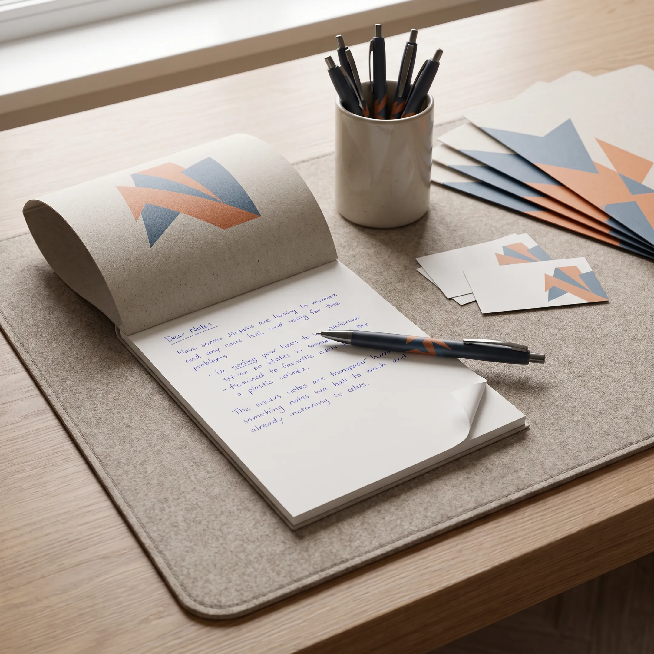 Branded logo notepad beside office supplies