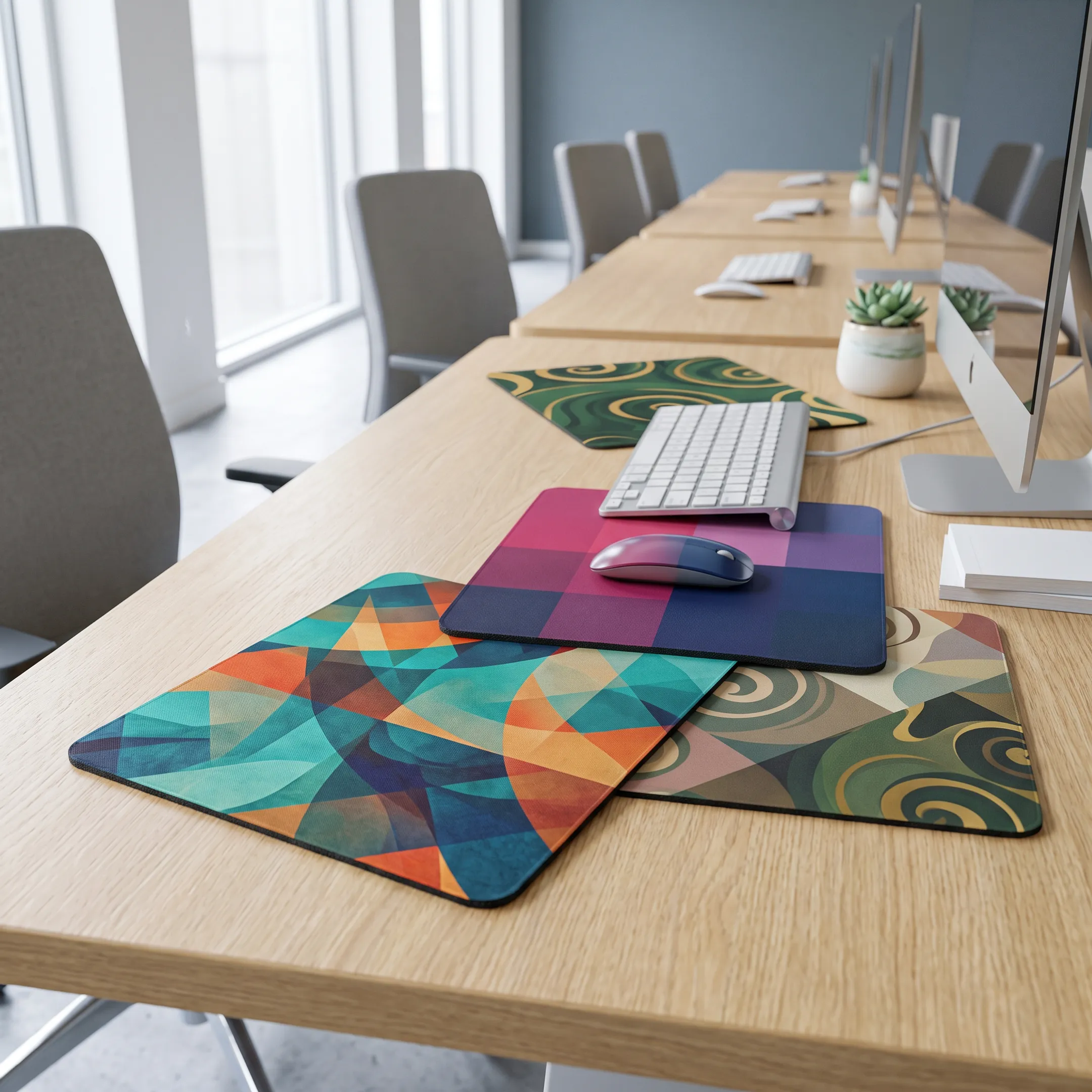 Custom printed mouse pads displaying colorful branded logos on office desks