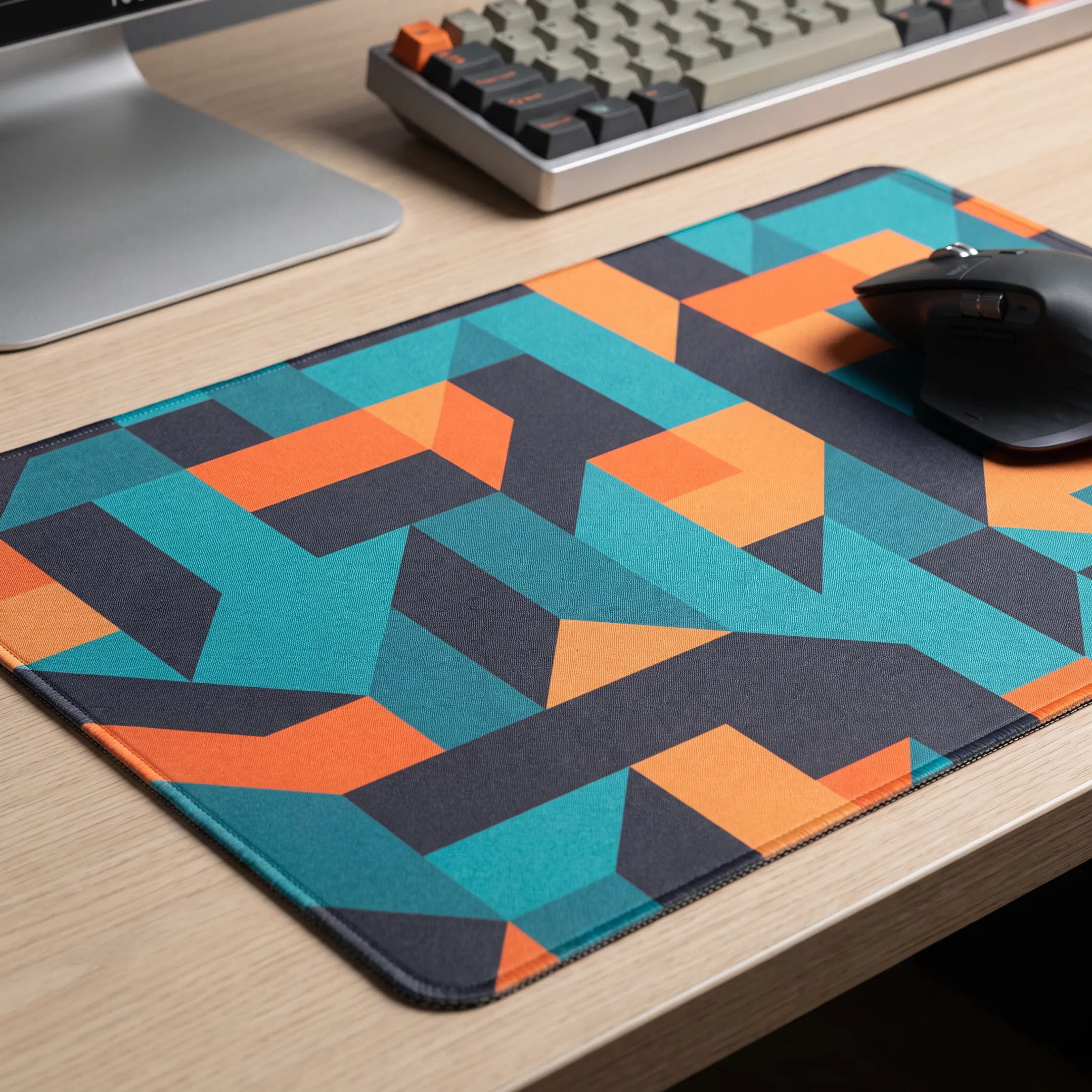 Close-up of a branded mouse pad with a colorful company logo beside a computer
