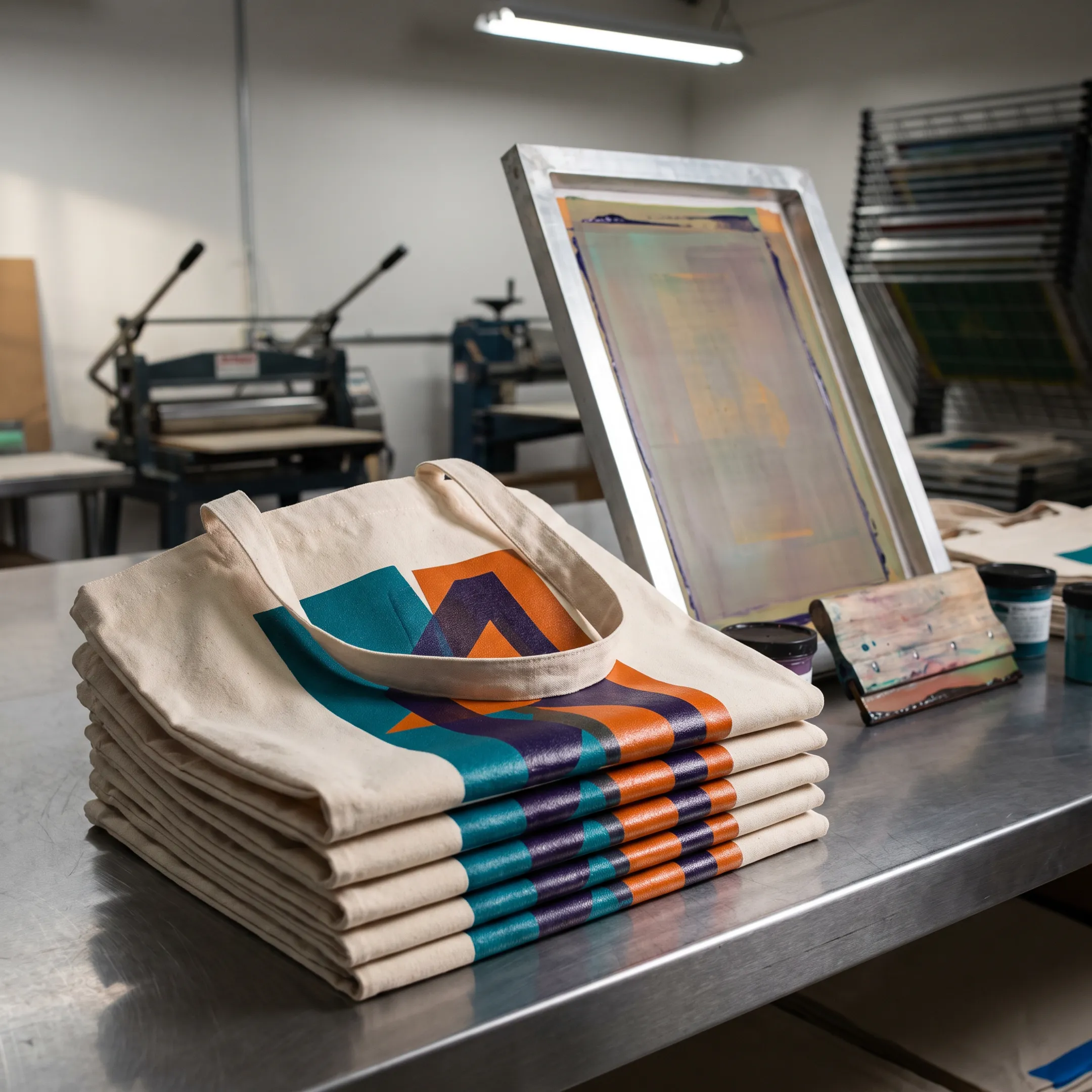 Custom screen printed tote bags displayed with colorful branded designs