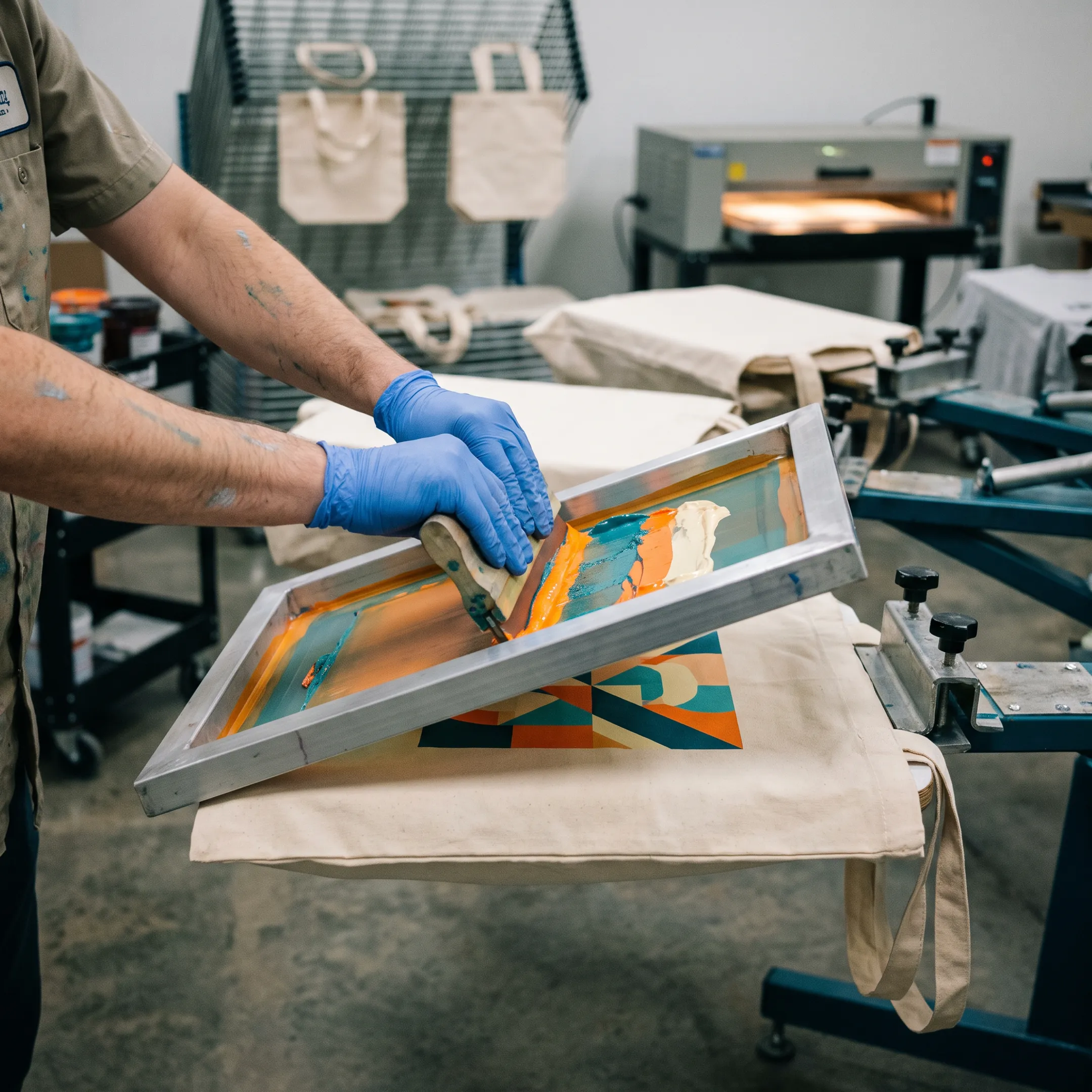 Printer applying a branded design to a custom tote bag