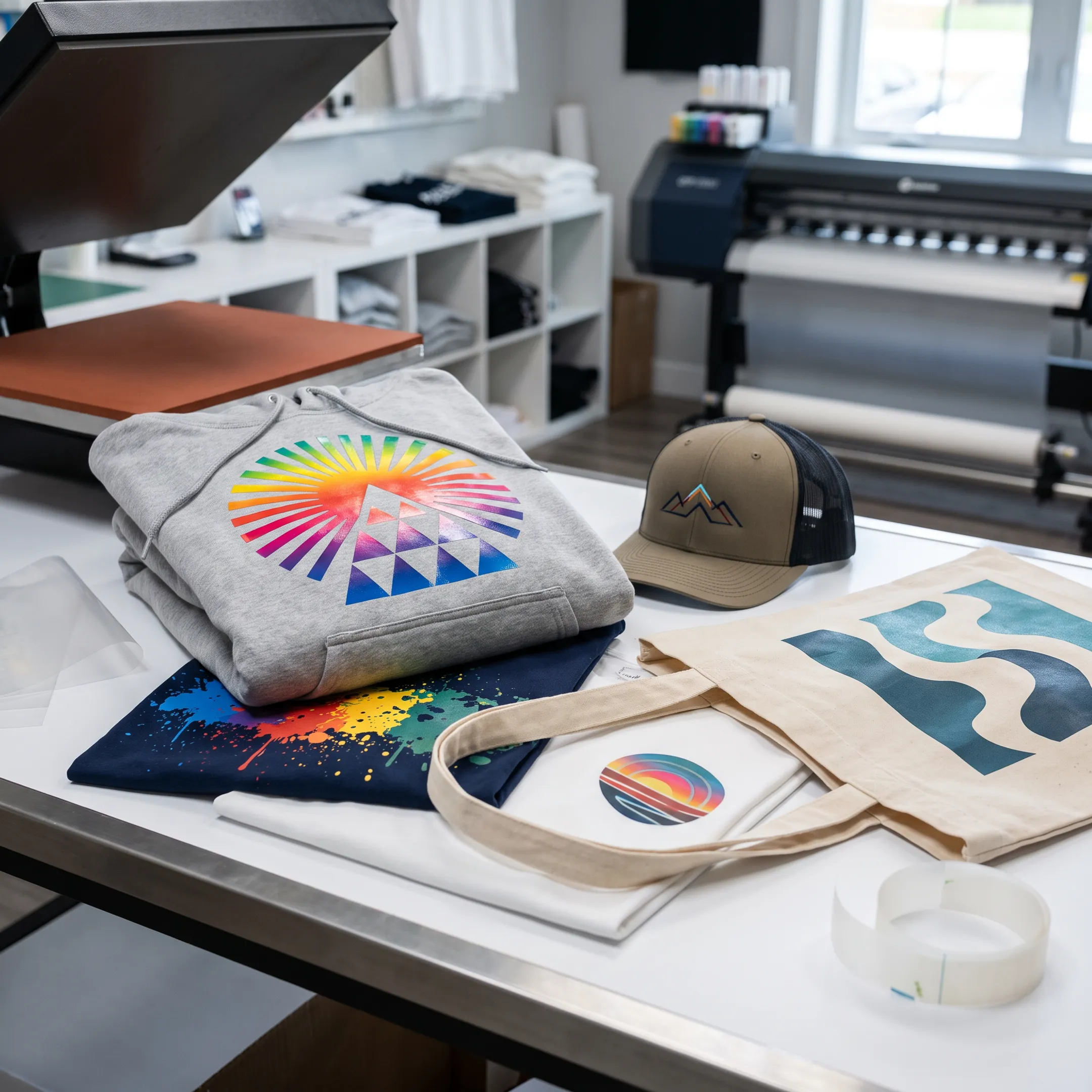 Custom DTF printed apparel arranged in a professional print shop