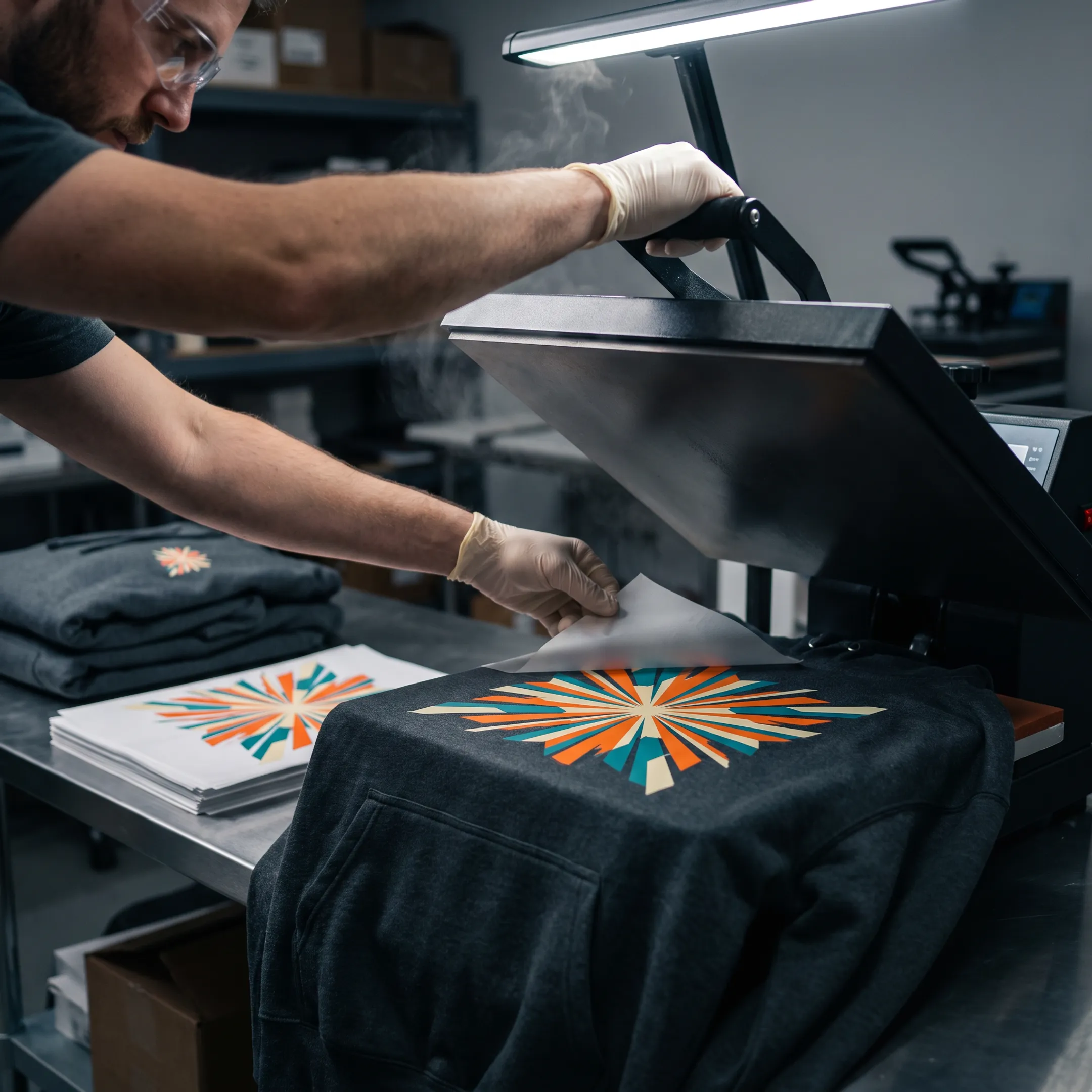 Technician heat pressing a colorful DTF design onto a hoodie