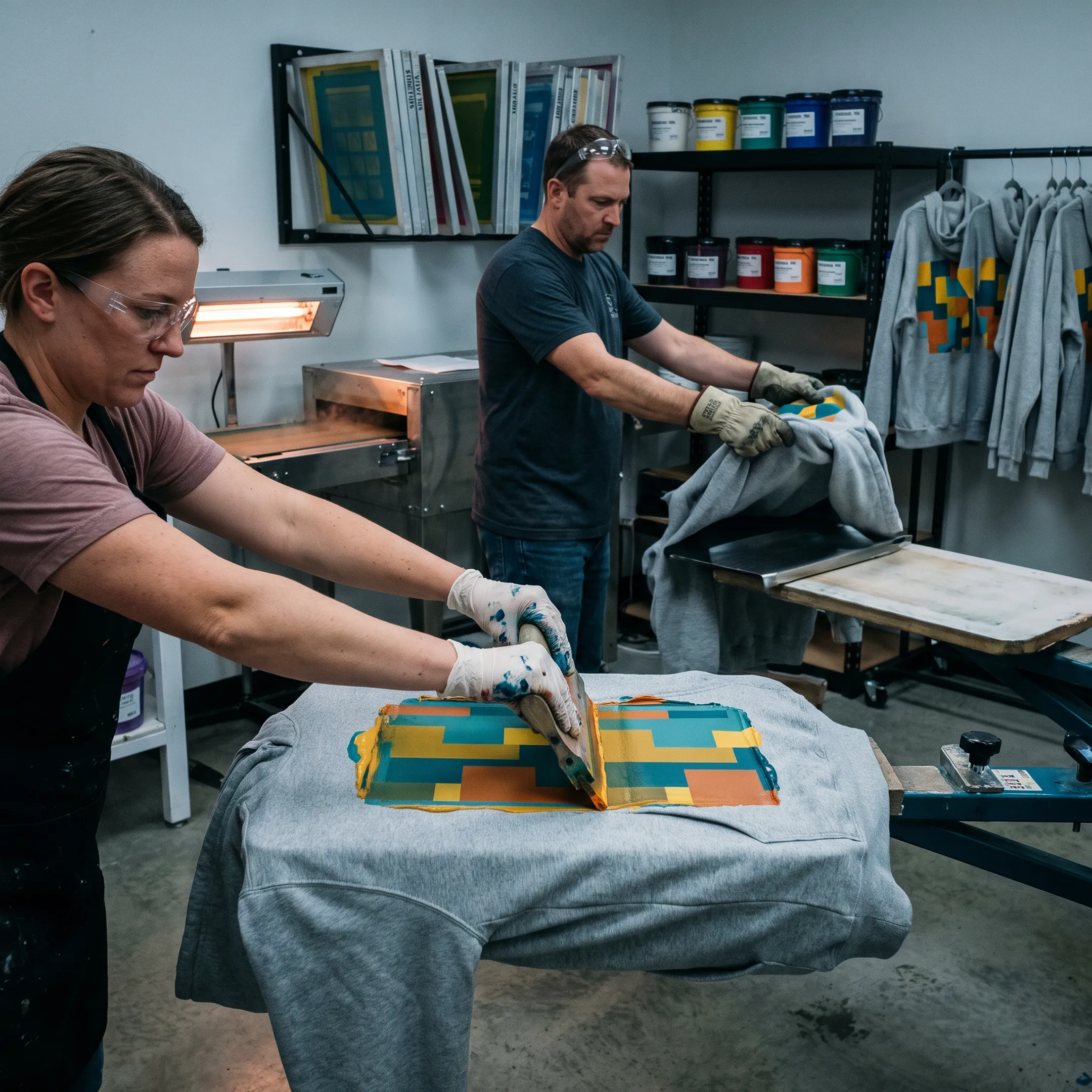 Custom screen printed hoodies displayed on a worktable during apparel production