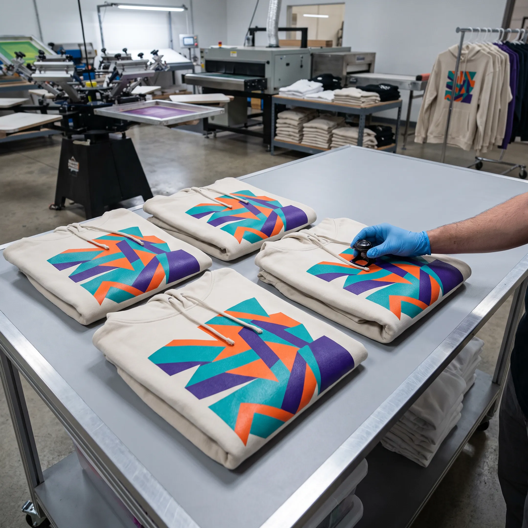 Custom branded hoodies with colorful printed artwork ready for inspection