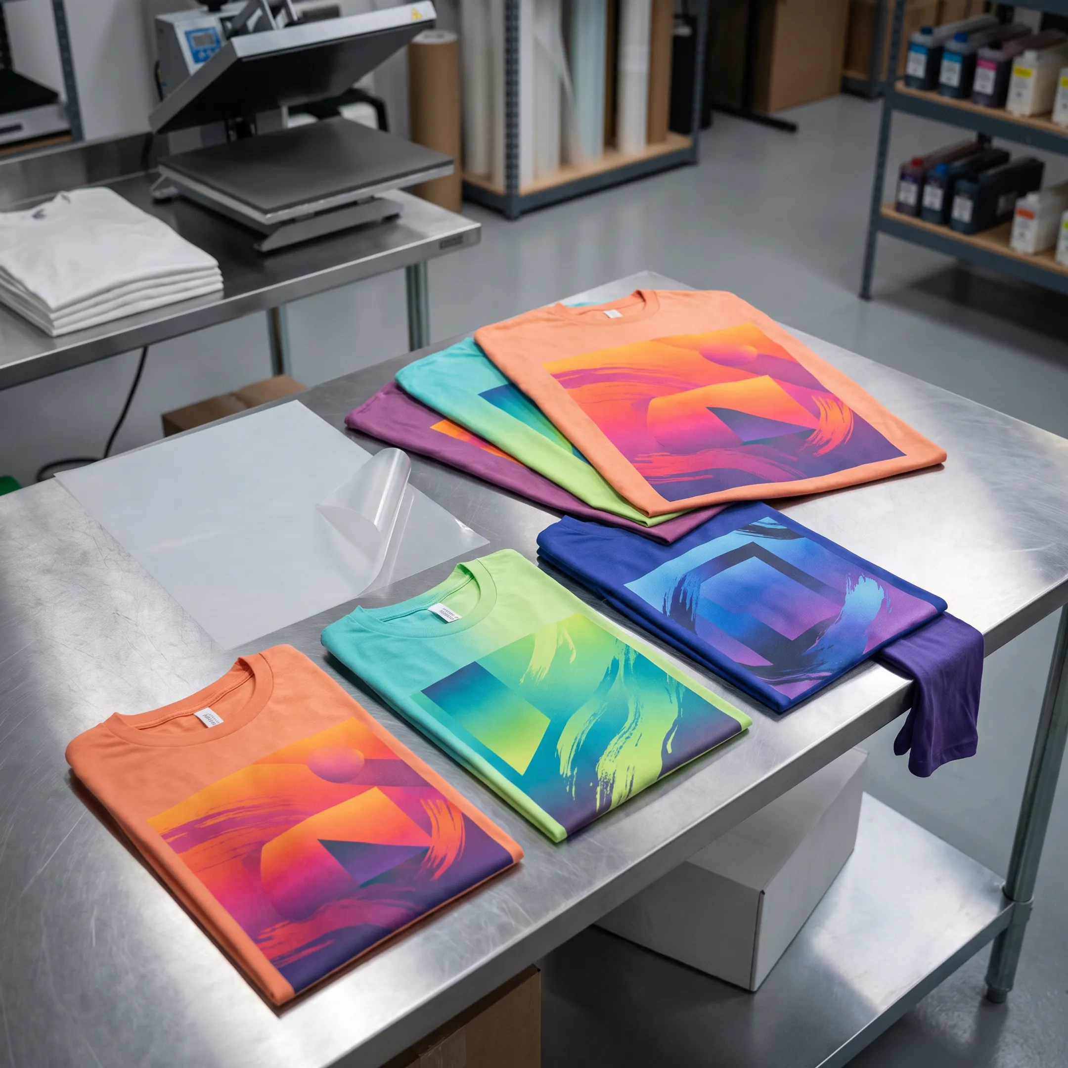 Custom DTF printed shirts displayed on an apparel worktable
