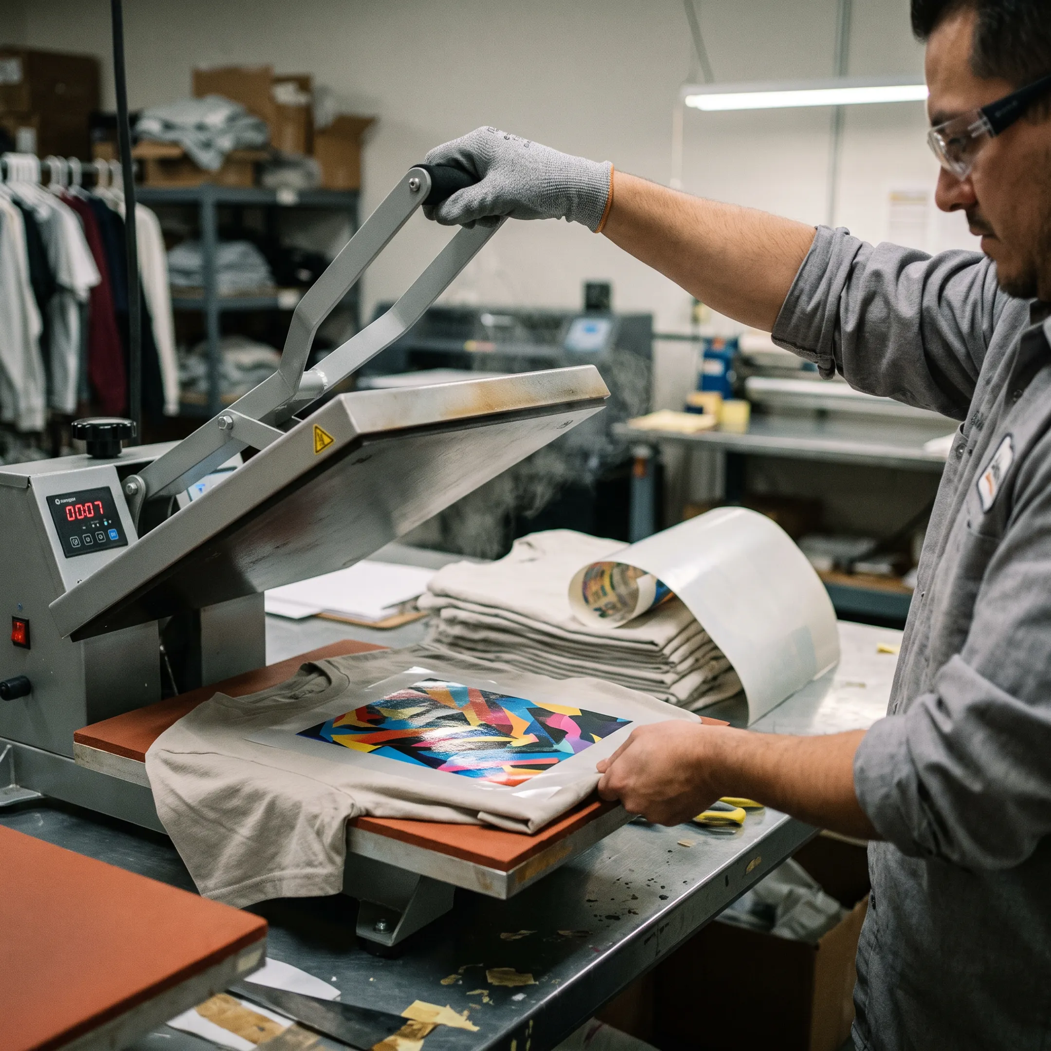 Technician heat pressing a colorful DTF design onto a shirt