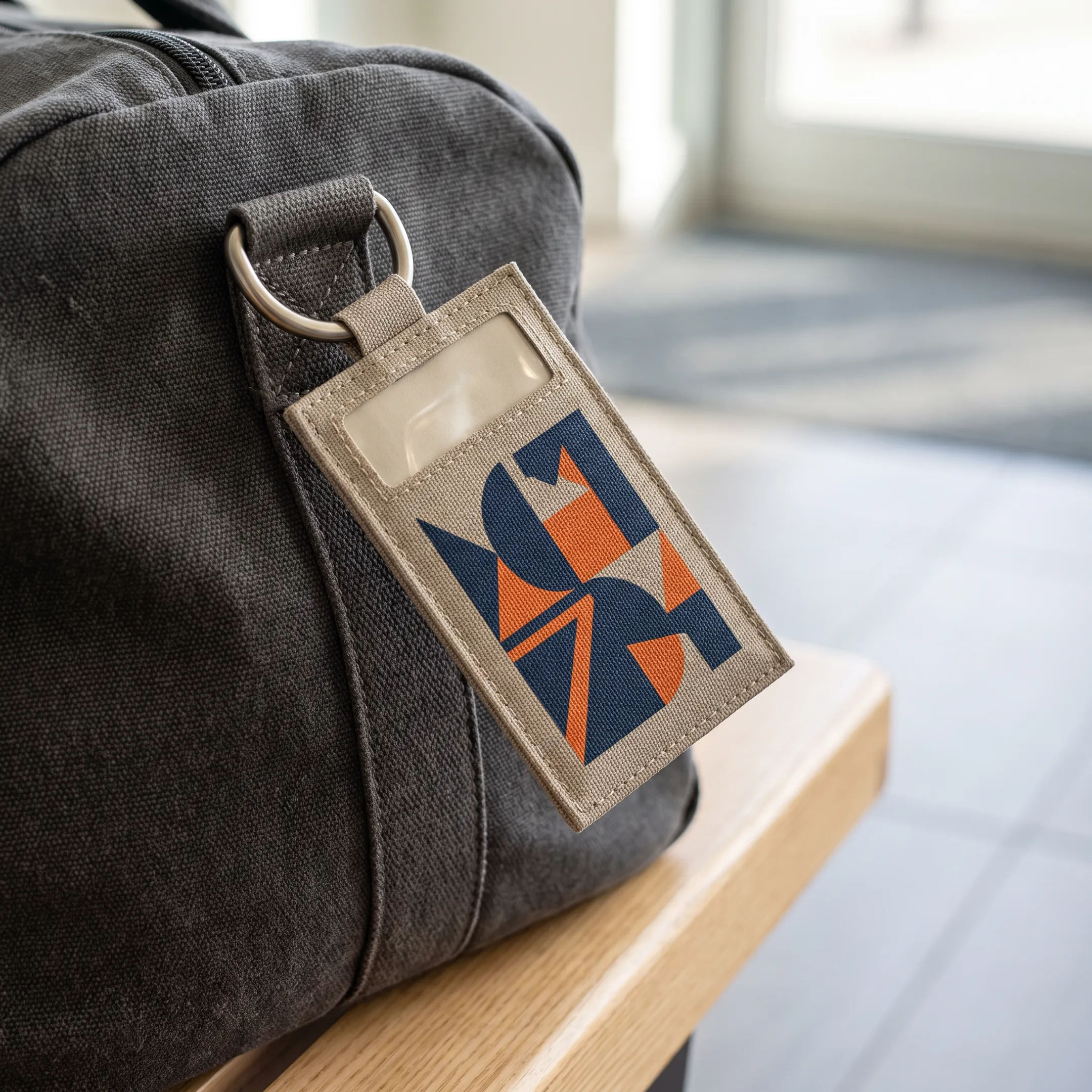 Logo luggage tag attached to a branded travel bag