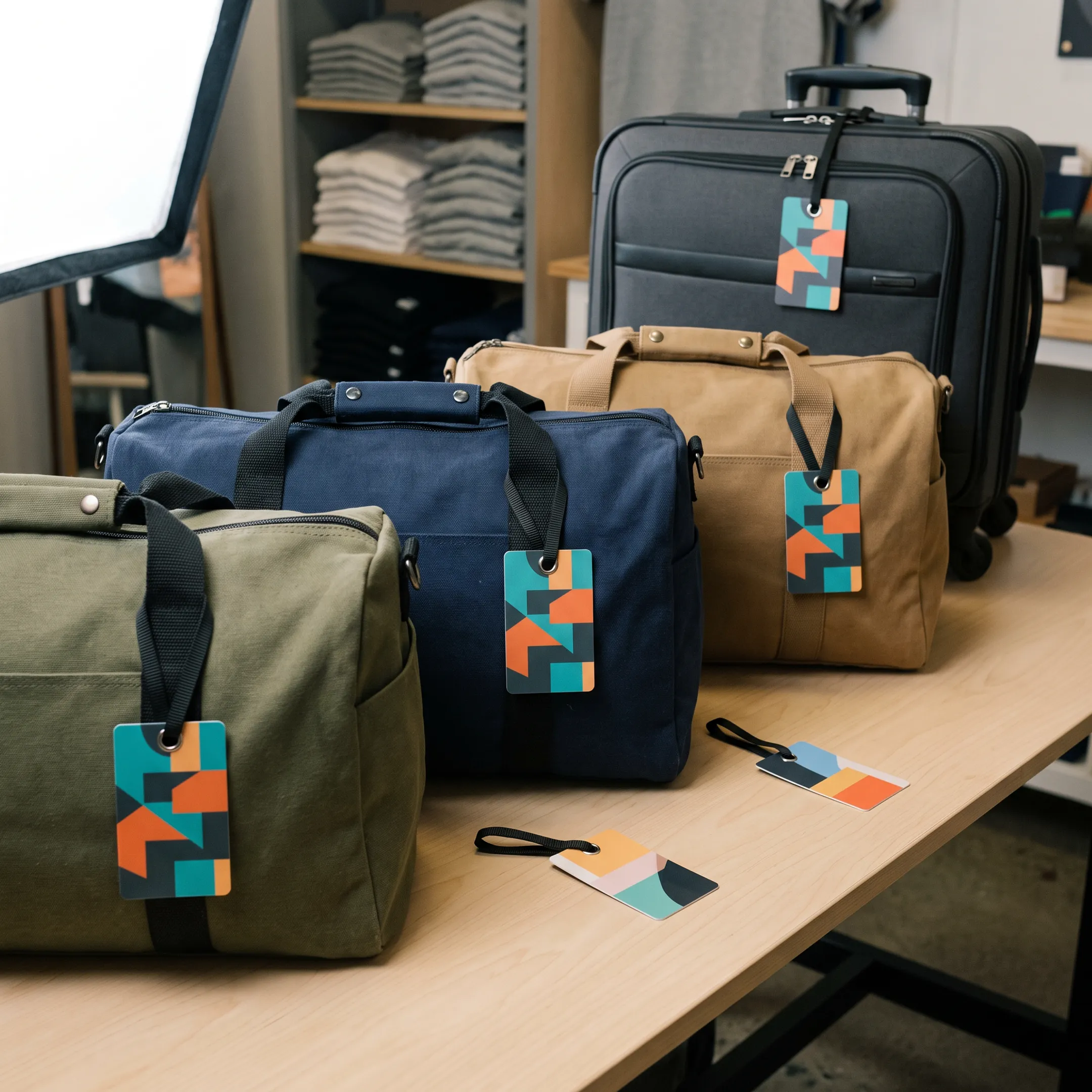 Custom logo luggage tags arranged on travel bags
