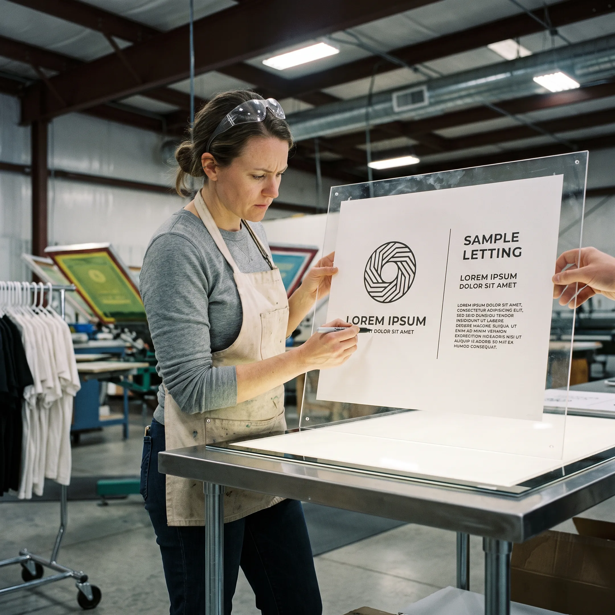 Designer reviewing branded storefront window decal artwork