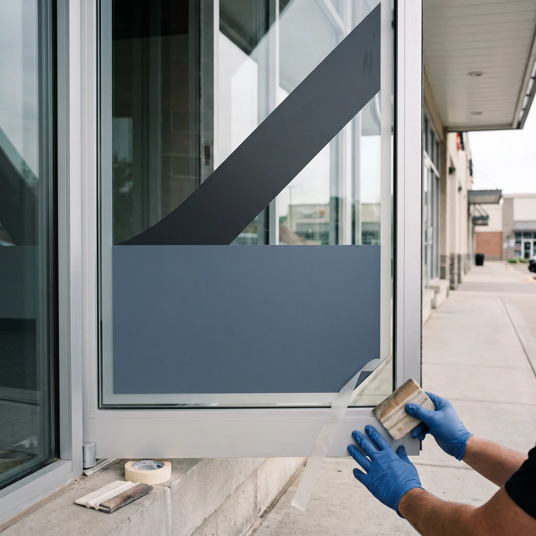 Custom branded vinyl decals applied to a storefront window