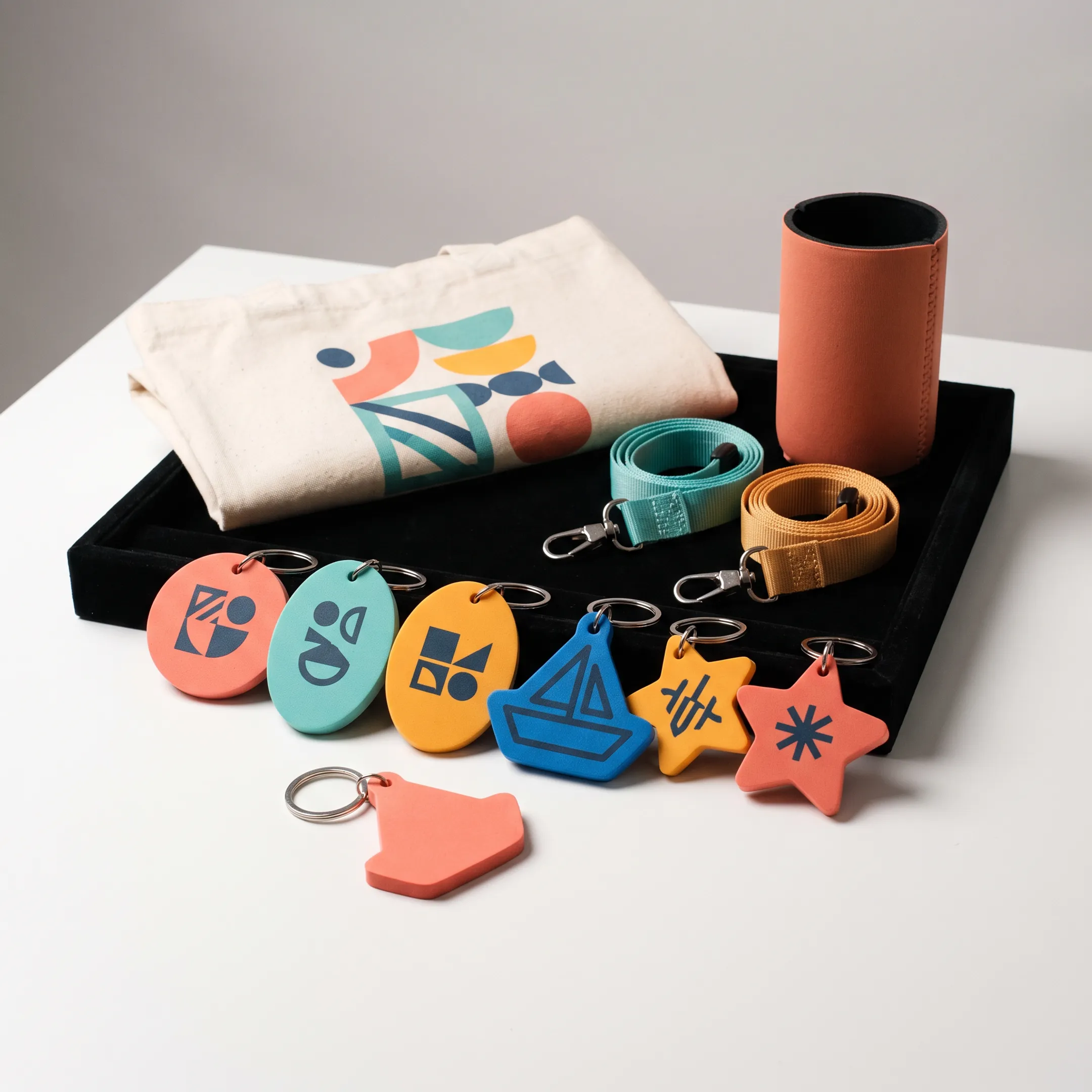 Custom floating foam keychains displayed as colorful branded promotional products