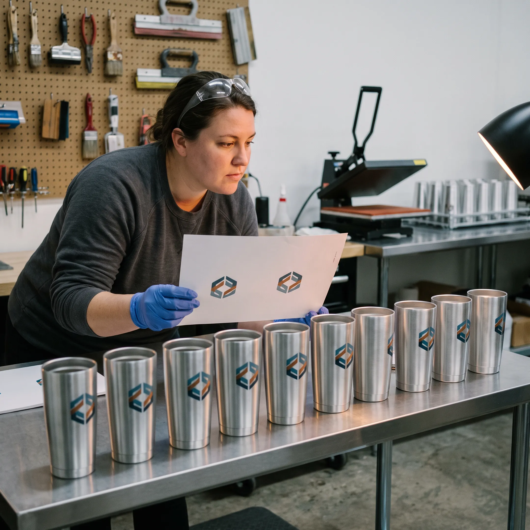 Branded aluminum cups displayed beside logo artwork for approval