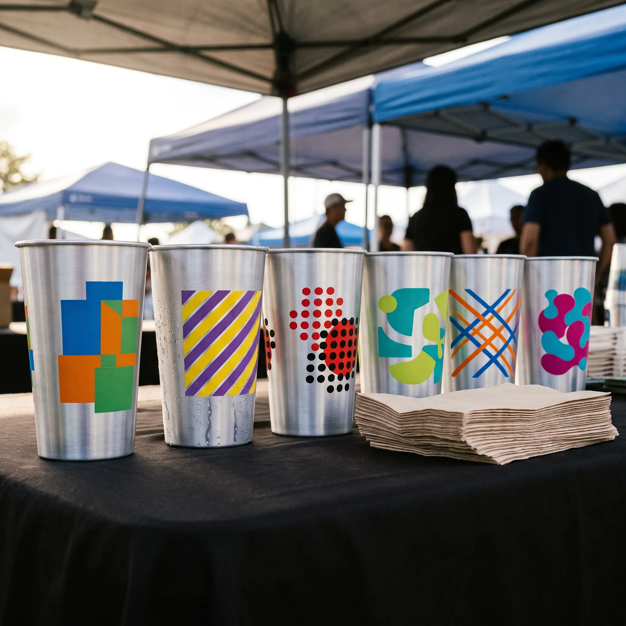 Custom aluminum cups with colorful logos arranged for a branded event