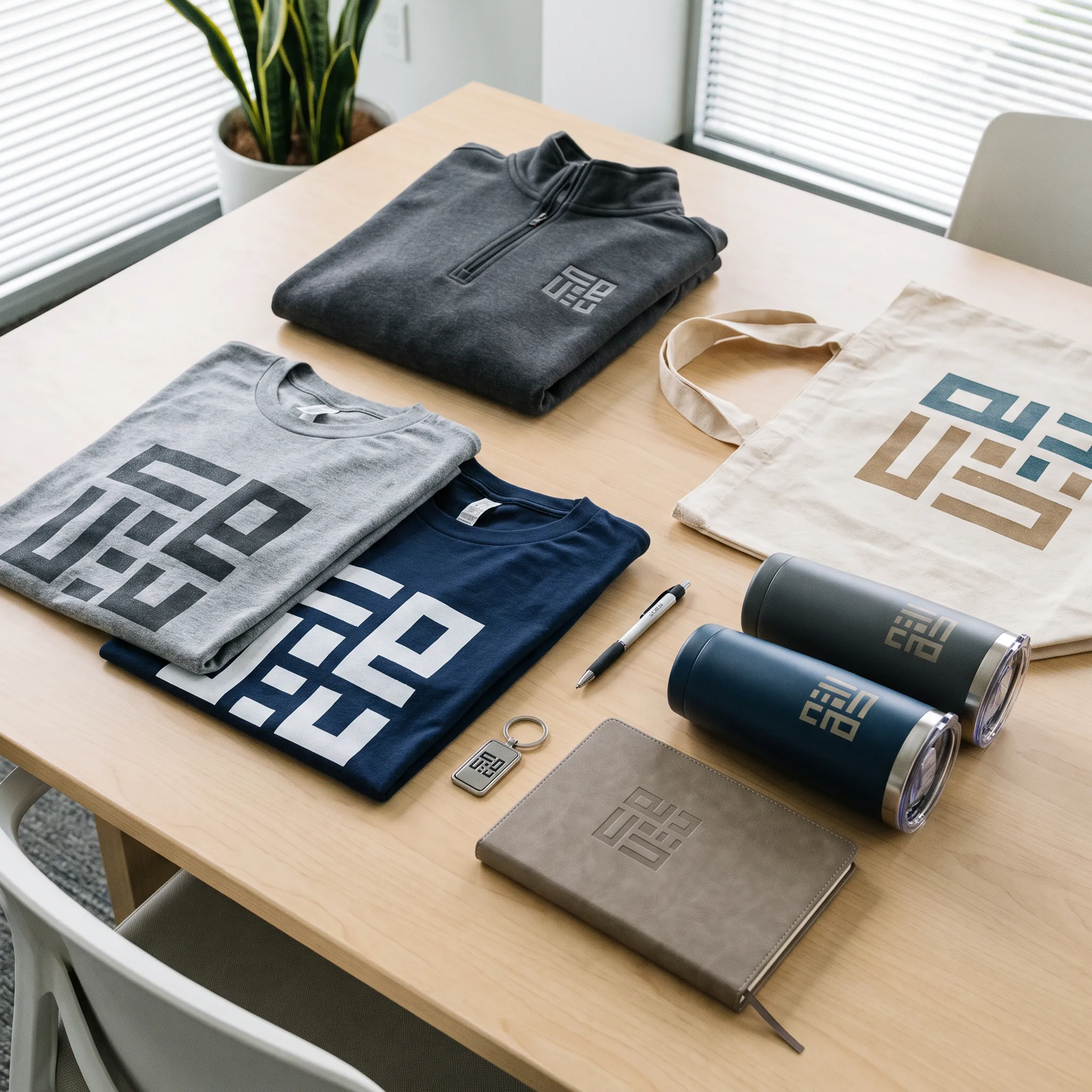 Branded employee gift apparel and promotional merchandise arranged on a workspace