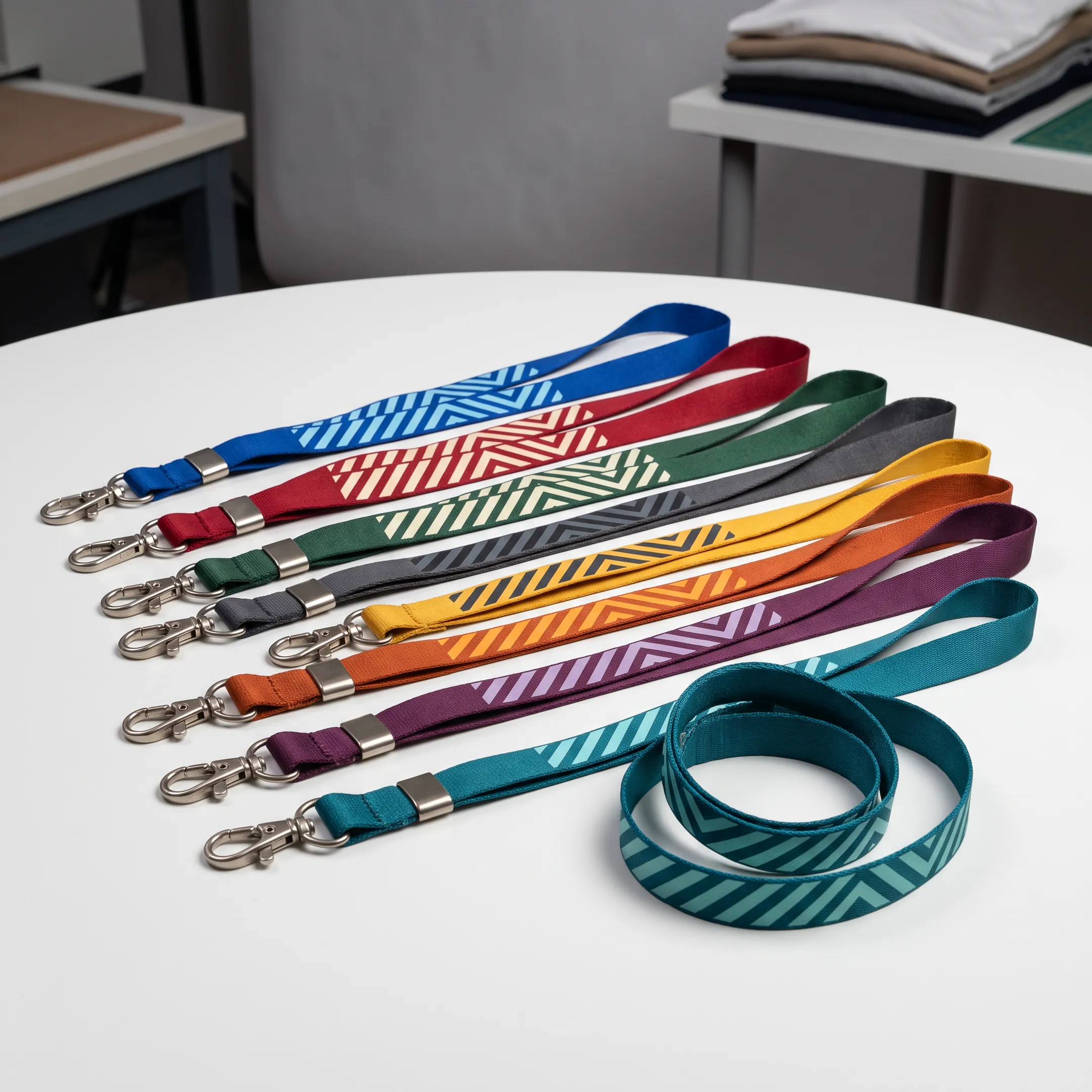 Branded custom wrist lanyards displayed beside promotional merchandise