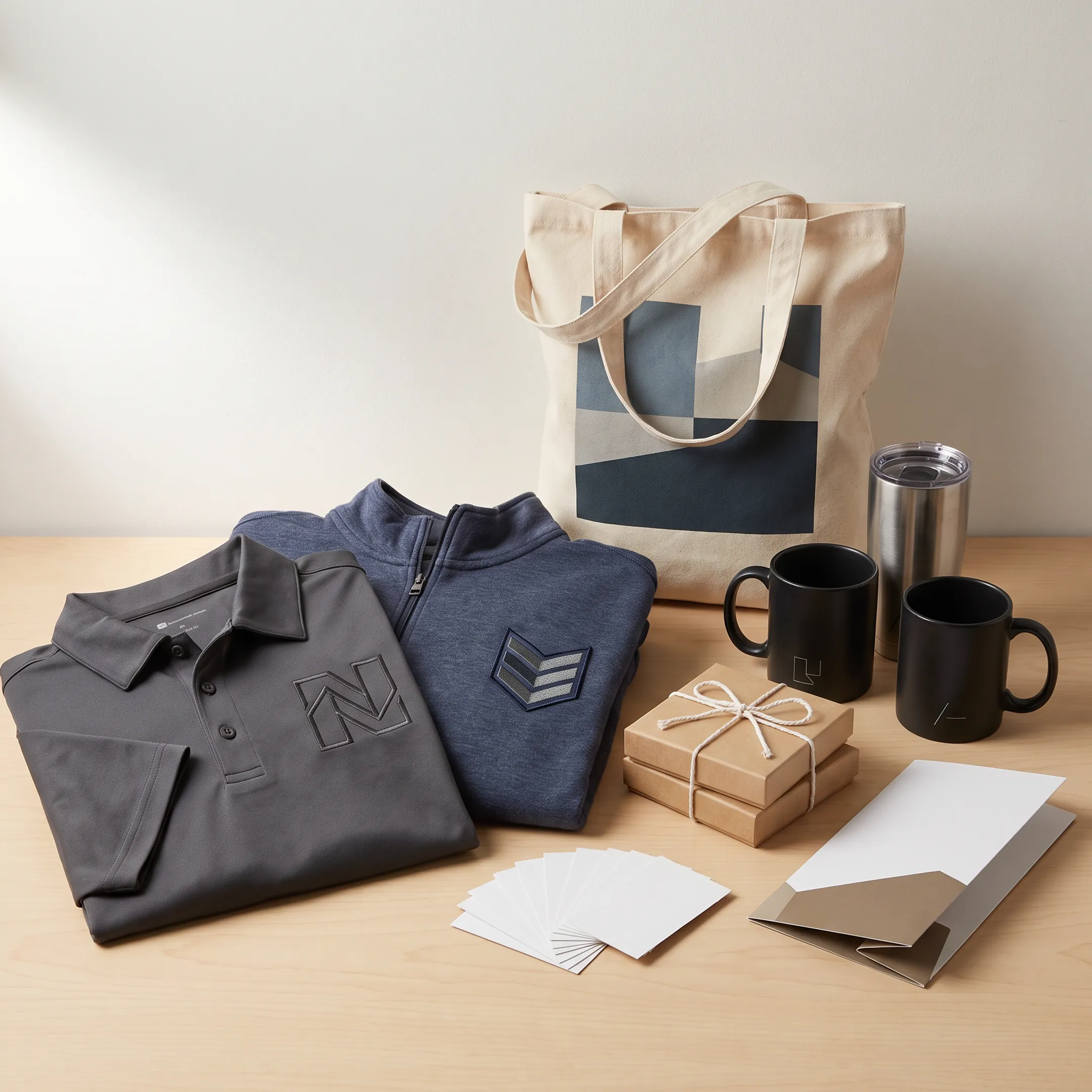 Branded corporate gifts, apparel, bags, and promotional products arranged for a business presentation