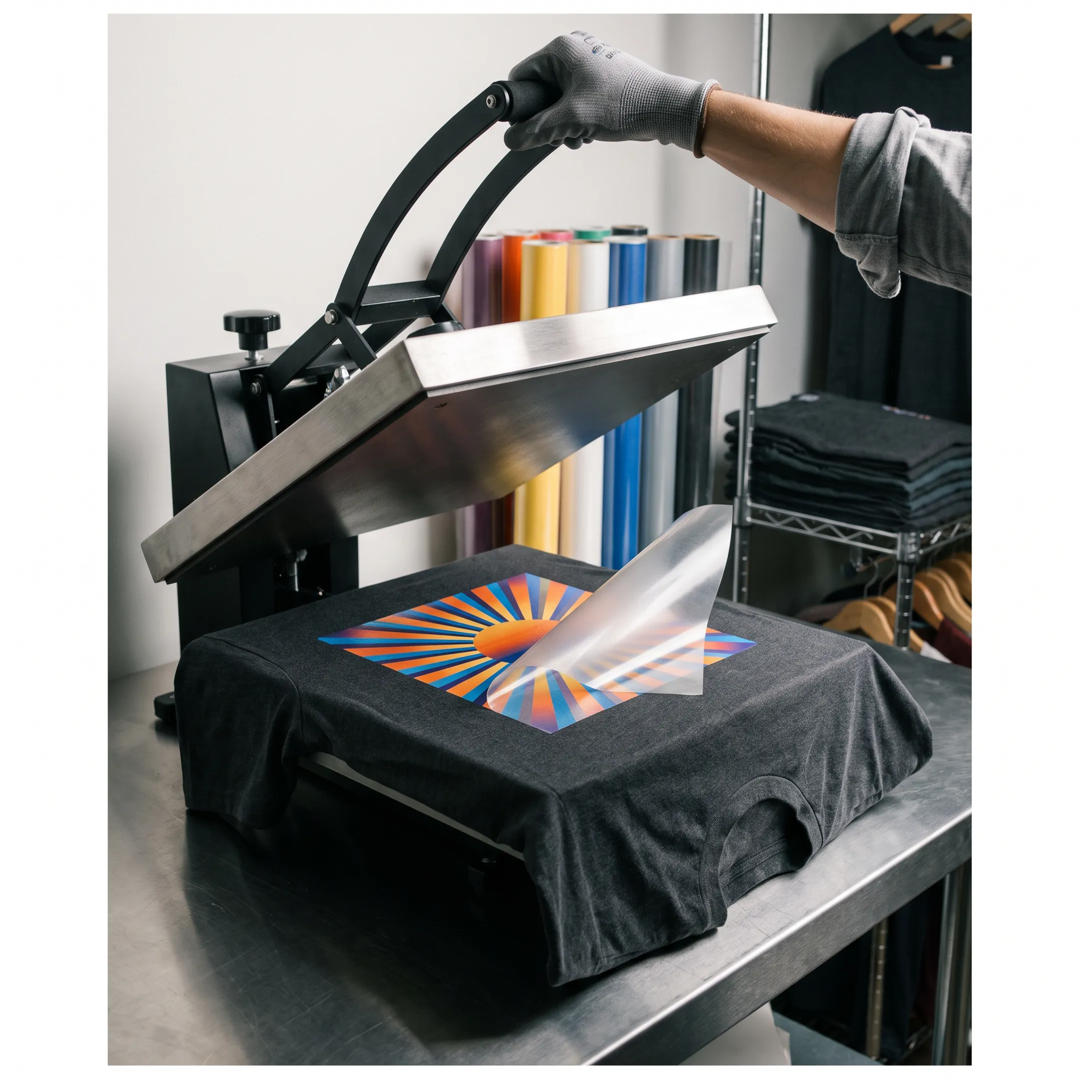 DTF printed custom apparel with colorful logo designs