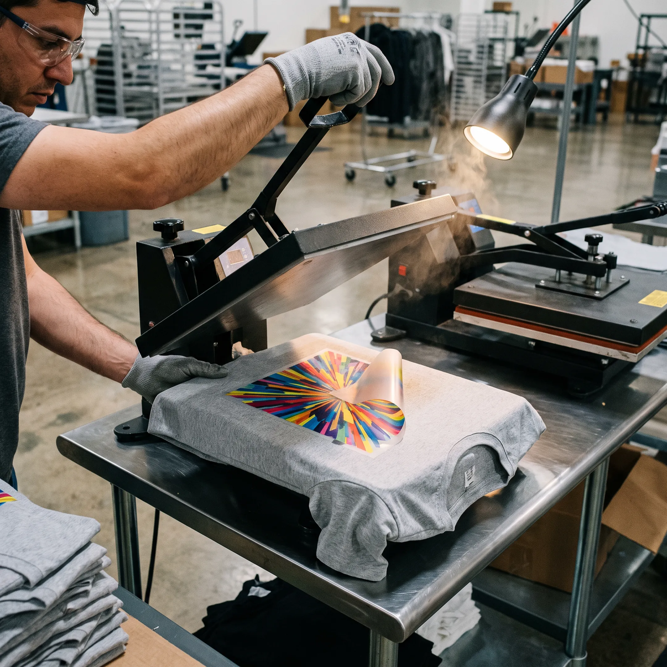 Colorful DTF design being heat pressed onto a custom shirt