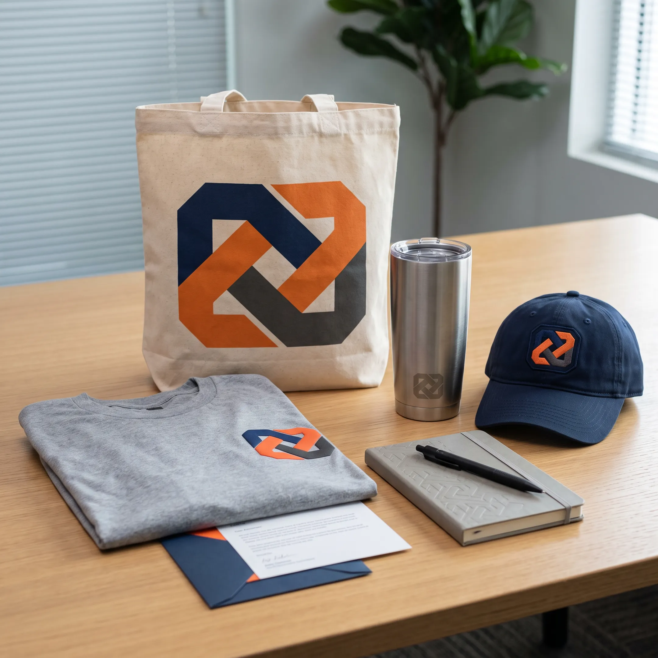 Branded employee welcome kit with custom apparel, tote bag, notebook, and company logo