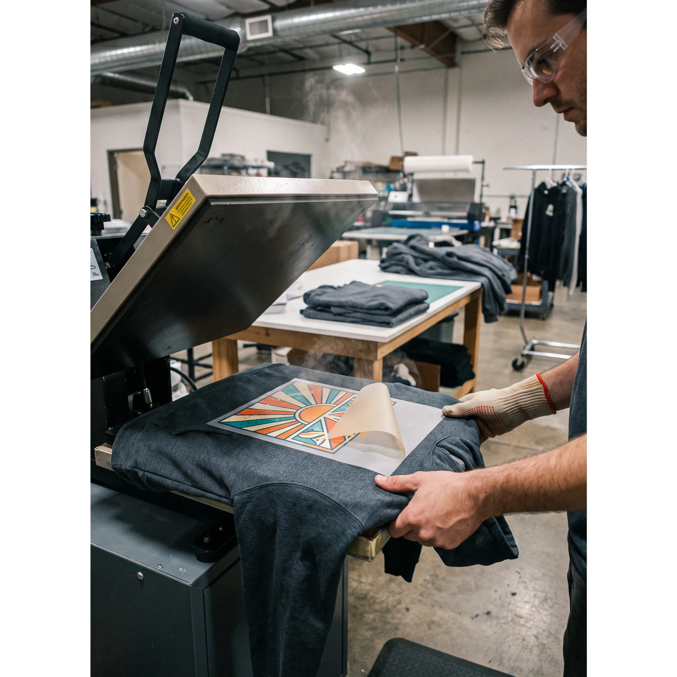 Printer applying a colorful DTF transfer to a custom hoodie