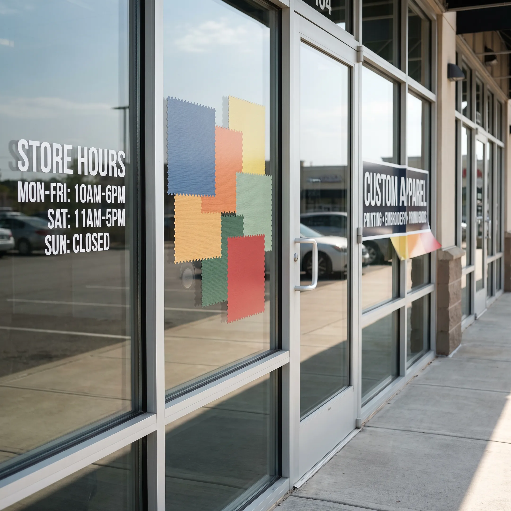 Custom branded window decals displayed on a retail storefront