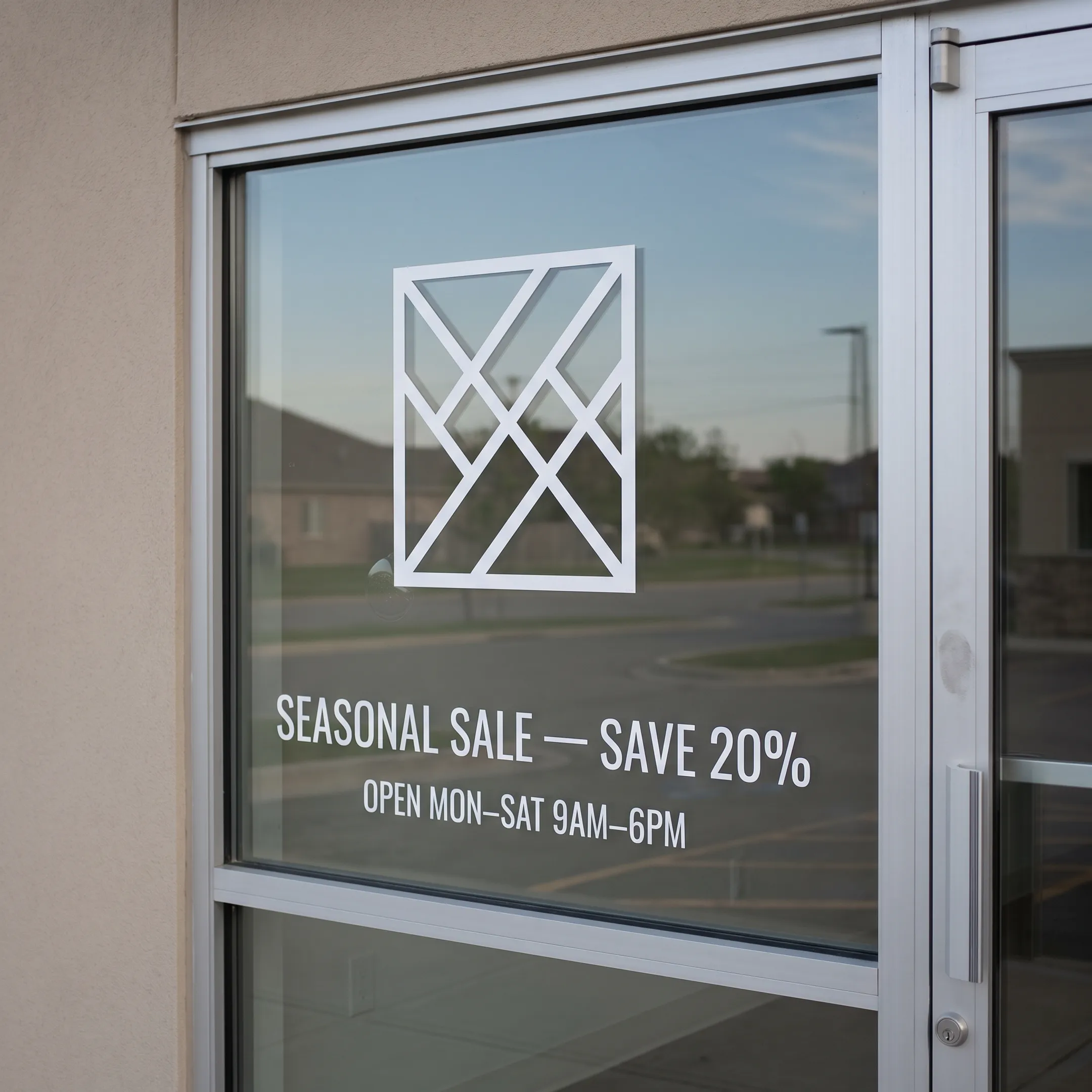 Retail window featuring branded promotional decals