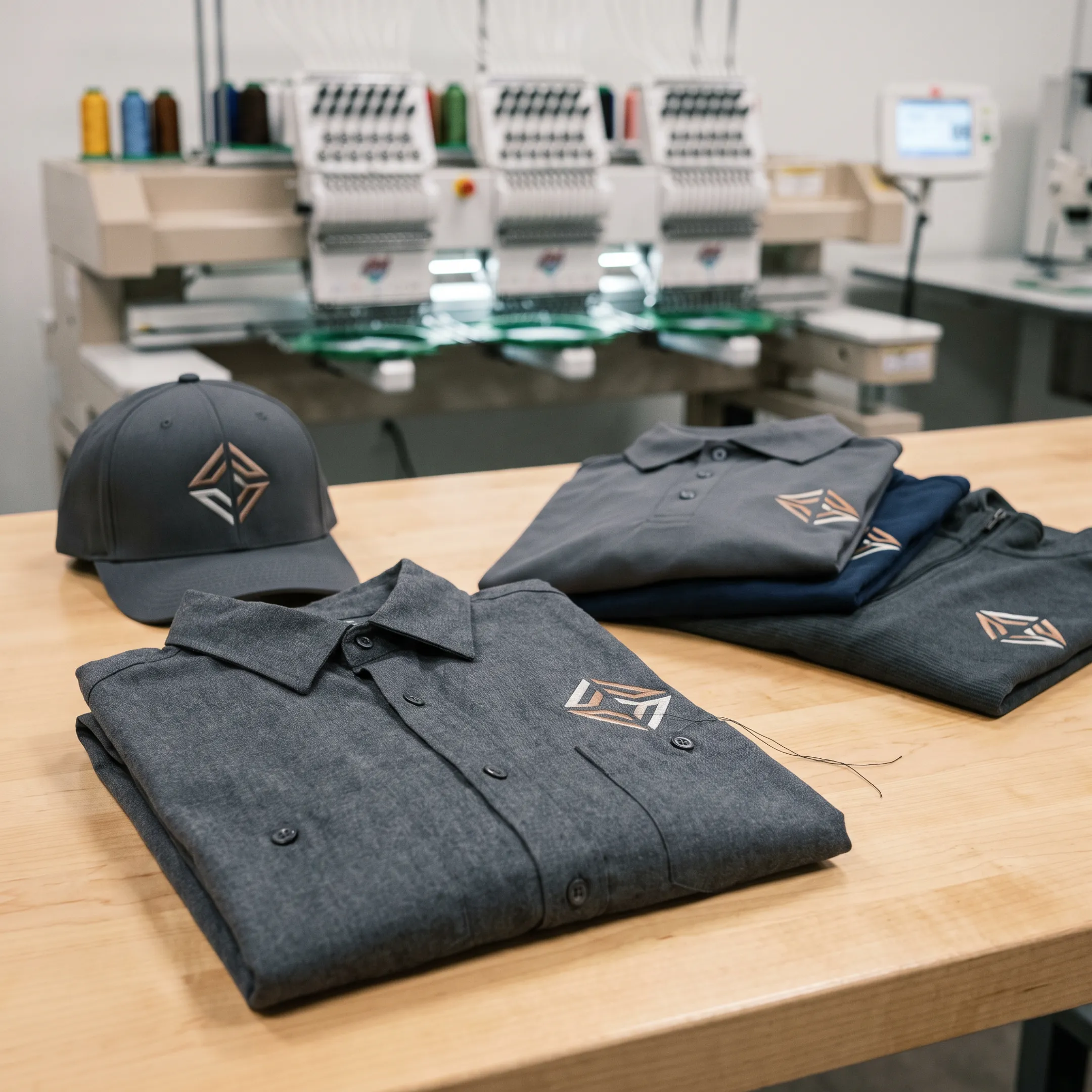 Finished embroidered business logo on a branded work shirt