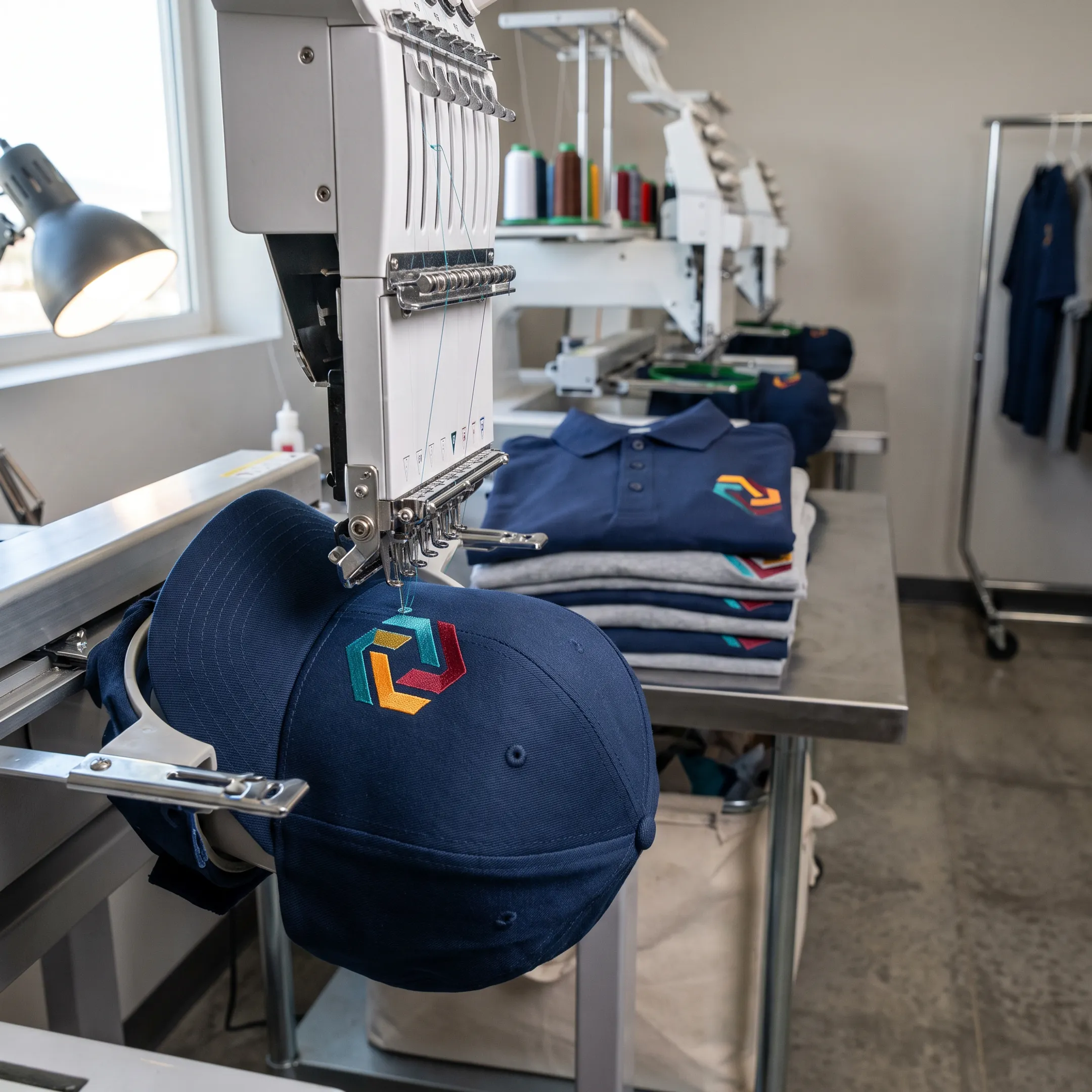 Embroidered logo being stitched onto a branded cap in a Utah print shop