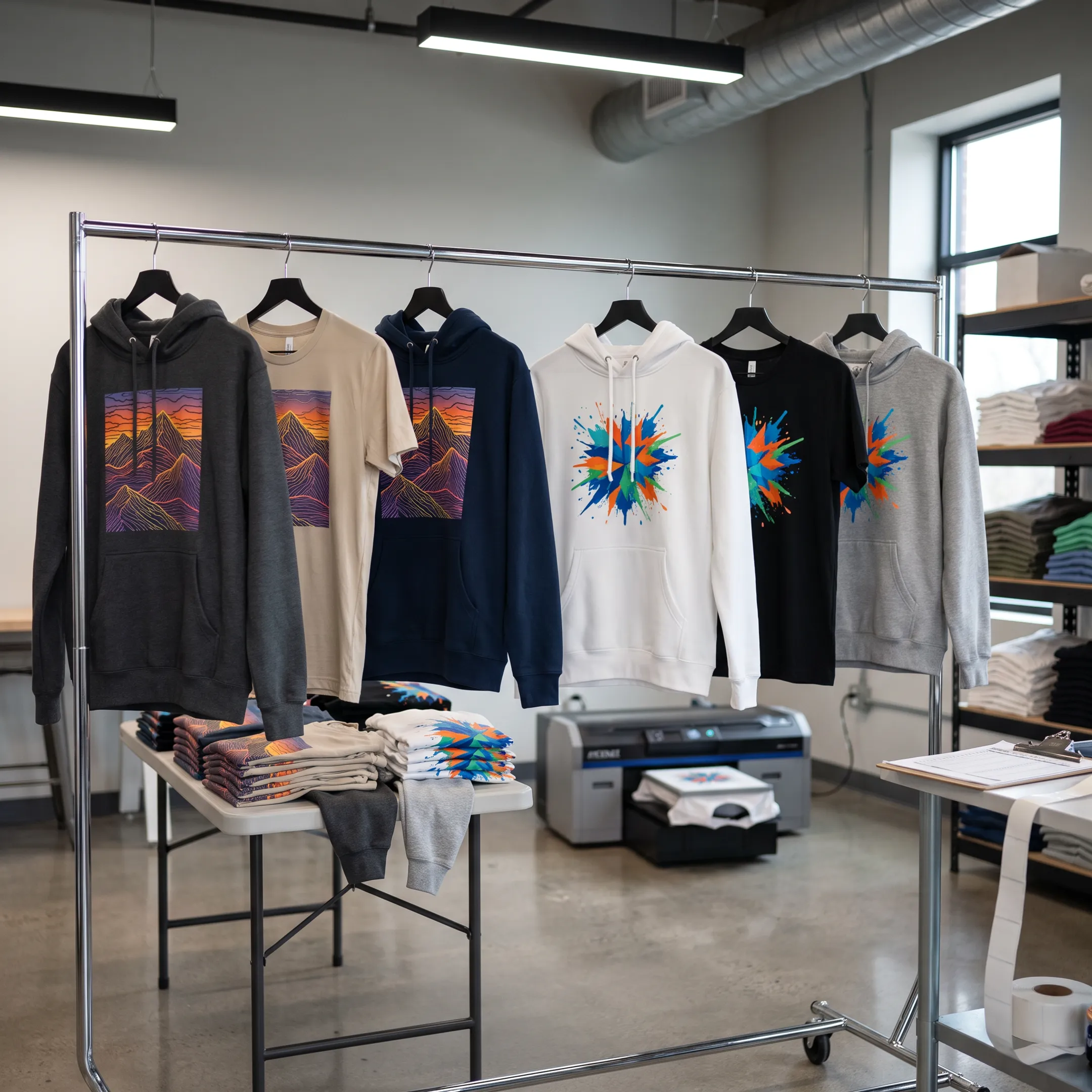 Colorful custom apparel featuring detailed printed artwork